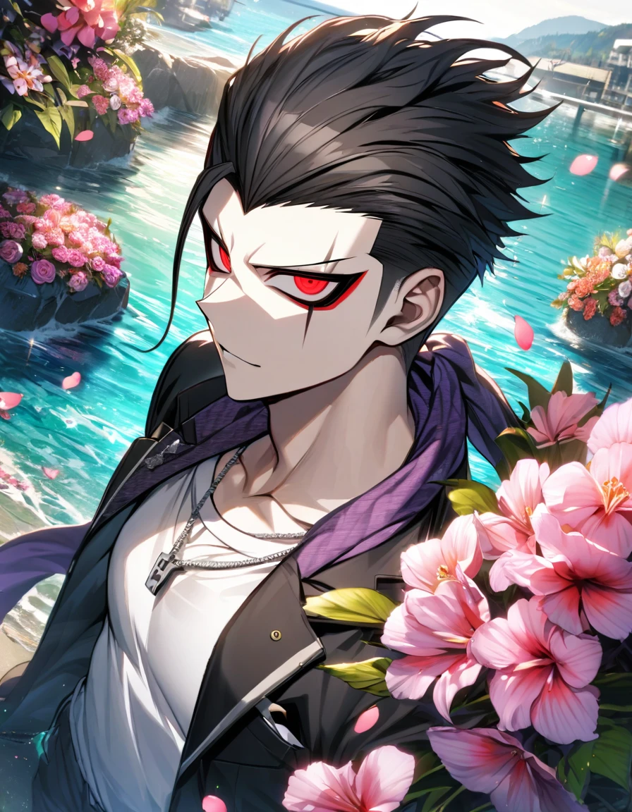 Ultra detailed, Highres, absurdres, HDR, K, Gundham Tanaka, black hair, red eyes, purple scarf, black jacket, white t-shirt, Danganronpa 2, 1 man only, water, petals, flowers, summer, handsome