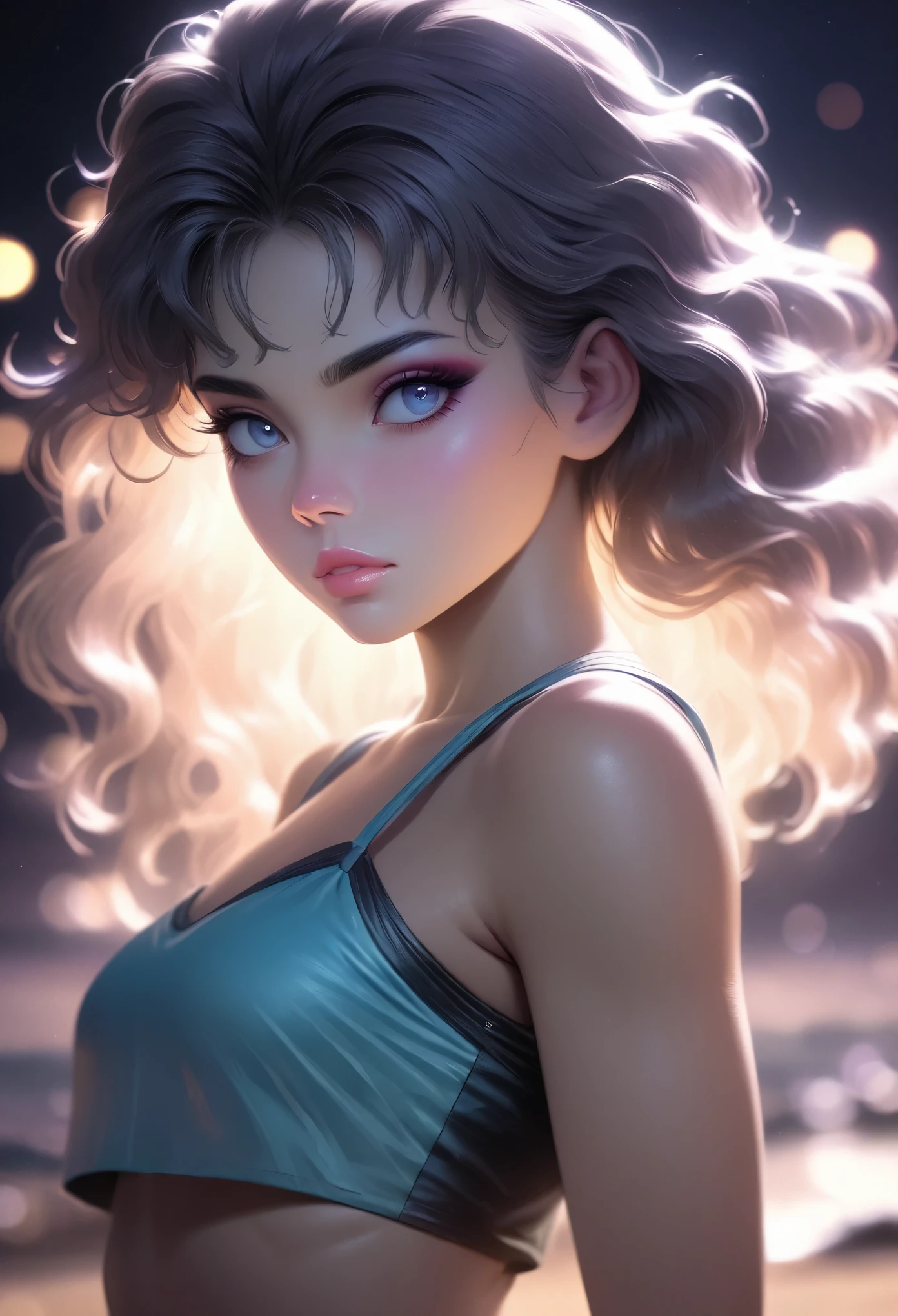 Kilometers around the world, (sharp focus:1.2), photo, Attractive young woman, (pretty face:1.1), delicate eyes, sweet lips, (cat eye makeup:0.85), (big eyes:1.0), (Toned body:1.2), (1980s hair:1.2), wear (1980s clothes:1.2) in a (beach:1.2). (moody lighting:1.2), depth of field, Bokeh, 4K, high dynamic range. go through (James C. Christensen:1.2|Jeremy Lipkin:1.1).