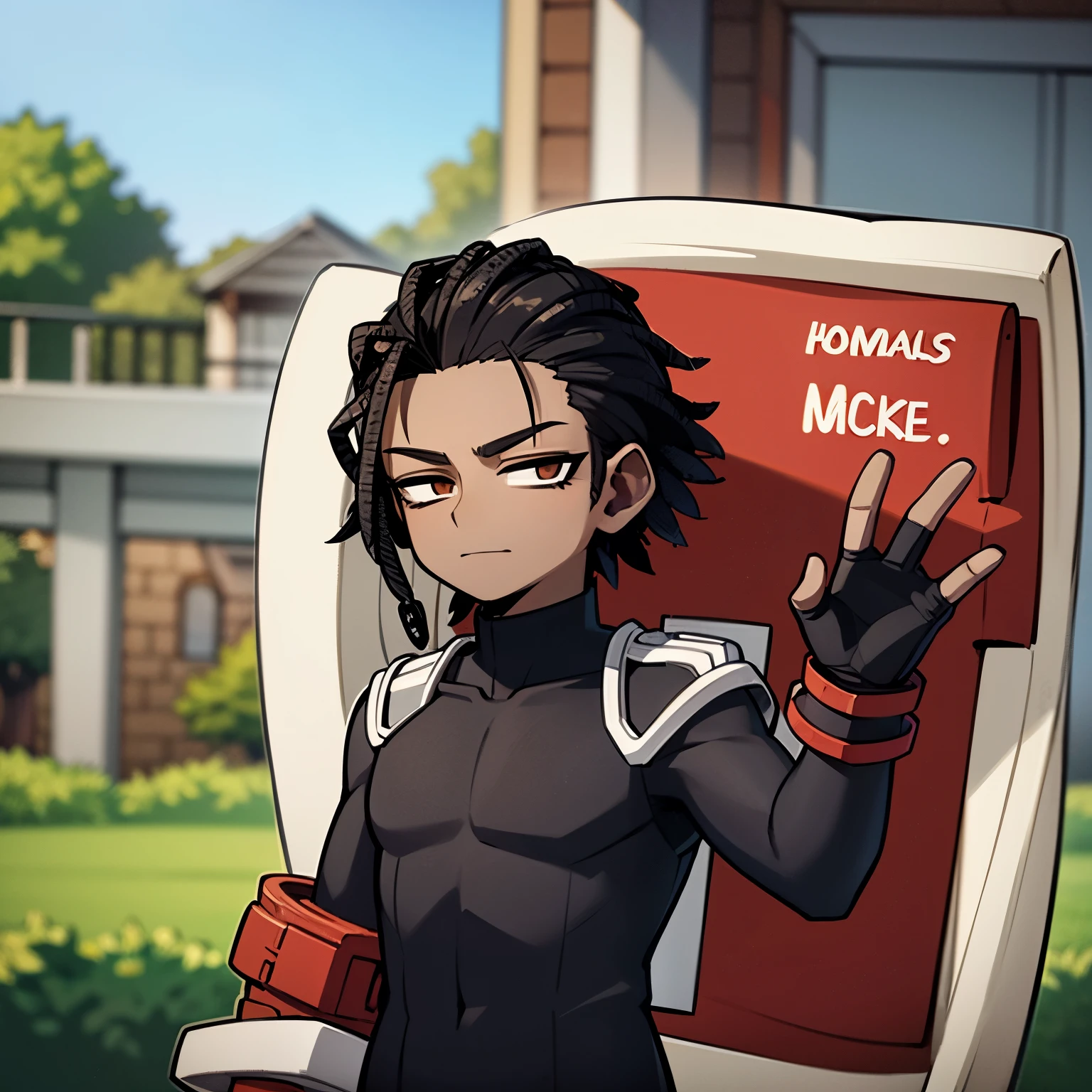Dark brown skin, young adult man, black short dreads, standing proud, wearing a hero costume inspired by my hero academia art style