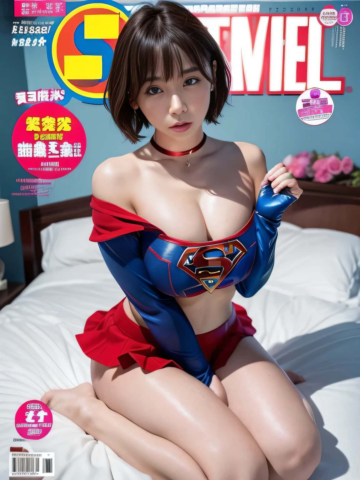 masterpiece、supergirl costume、short hair、barefoot、big and full breasts、Relax in bed、Sexy poses to seduce、model body shape、shiny、looking at camera、choker、long sleeve、red mini skirt、Weekly magazine cover、obscene、sweaty、Radical、off shoulder、Glamorous、Oily Skin、