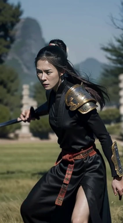 (positive focus), (in the dark: 1), (highest quality), (reality: 1), movie poster, realistic skin texture, very detailed, 8k wallpaper, volume lighting, dynamic lighting, girl, long hair in a black ponytail, black robe, red belt, Small armor, shoulder armor, Waist Guard, hand guard, veil, Long Sword in front of Body, ancient Chinese style, Attacking posture with short sword on waist, bloodstains, broken clothes, ancient china battlefield, Ancient Chinese Soldiers, flying arrow, war, night, dramatic composition, Surroundings of Kenki, Rich image details, war,