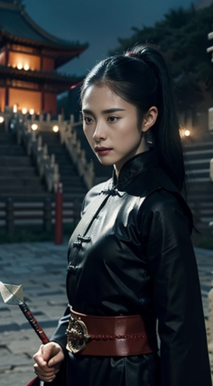 (positive focus), (in the dark: 1), (highest quality), (reality: 1), movie poster, realistic skin texture, very detailed, 8k wallpaper, volume lighting, dynamic lighting, girl, long hair in a black ponytail, black robe, red belt, Small armor, shoulder armor, Waist Guard, hand guard, veil, Long Sword in front of Body, ancient Chinese style, Attacking posture with short sword on waist, bloodstains, broken clothes, ancient china battlefield, Ancient Chinese Soldiers, flying arrow, war, night, dramatic composition, Surroundings of Kenki, Rich image details, war,