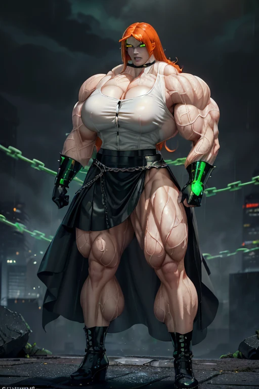 (((((Massive, tall, beautiful, buff, wet, pale white skinned muscular android woman with orange hair, glowing green eyes, black lipstick, ginormous bulky muscles, wearing an half button down black blouse with black loose skirt))))), close view, (massive muscles), massive biceps, hyper muscle shoulders, (ginormous muscles), hyper muscle triceps, (medium length hair wind blowing hair), (glowing green eyes), choker, (chain belt), black boots, (spiked gauntlets), (black fog surrounding the body), on top of a skyscraper of a rainy destroyed dark city, arrogant smile, night, hyper vascular arm, hyper muscles arms, hyper muscle legs, (ginormous arms).