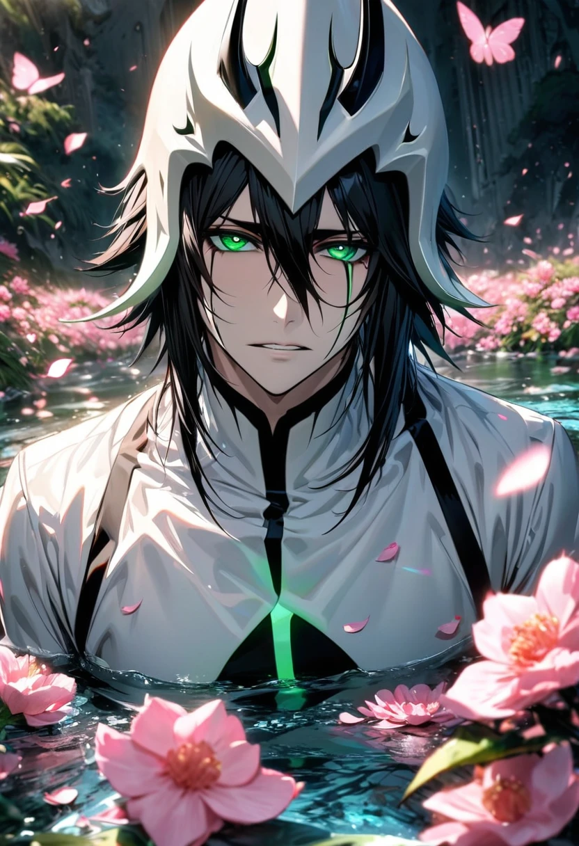 absurdres, highres, ultra detailed, HDR), master piece, best quality, Ulquiorra Cifer, black medium hair, hair between the eyes, expressive green eyes, bleach, white arrancar clothes, 1man,handsome, water, pink petals, pink flowers, pink butterflies