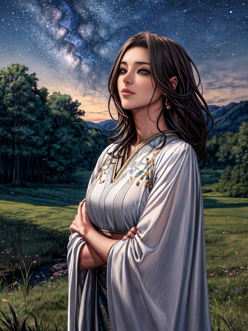 (best quality, highres, realistic:1.37), ultra-detailed, a girl looking up at the Milky Way galaxy, wearing a flowing earth-toned ethnic costume, her eyes sparkling with wonder, full of hopes and dreams, a sense of serenity in her expression, surrounded by flickering stars, radiating a soft glow, the night sky painted with vibrant colors, magical and ethereal, the girl standing on a lush green meadow, a gentle breeze gently rustling her hair, a sense of tranquility and harmony in the peaceful scenery.