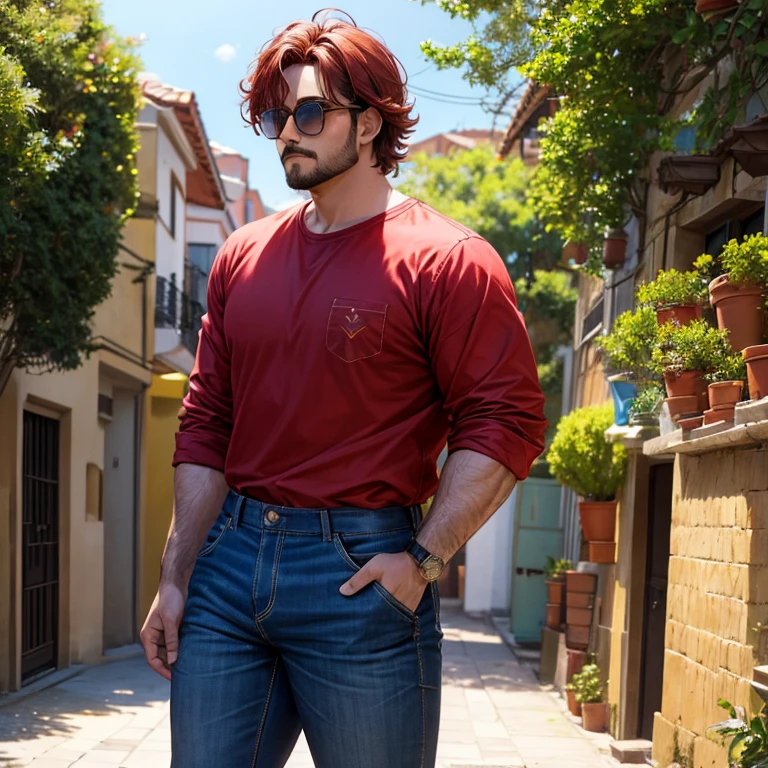 1 Hombre, Gordo, pelo pelirrojo , Benda roja en la cabeza, gafas de sol, chaleco verde oscuro, camisa negra, blue pants