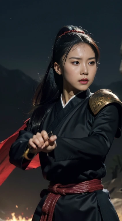 (positive focus), (in the dark: 1), (highest quality), (reality: 1), movie poster, realistic skin texture, very detailed, 8k wallpaper, volume lighting, dynamic lighting, girl, long hair in a black ponytail, black robe, red belt, Small armor, shoulder armor, Waist Guard, hand guard, veil, Long Sword in front of Body, ancient Chinese style, Attacking posture with short sword on waist, bloodstains, broken clothes, ancient china battlefield, Ancient Chinese Soldiers, flying arrow, war, night, dramatic composition, Surroundings of Kenki, Rich image details, war,