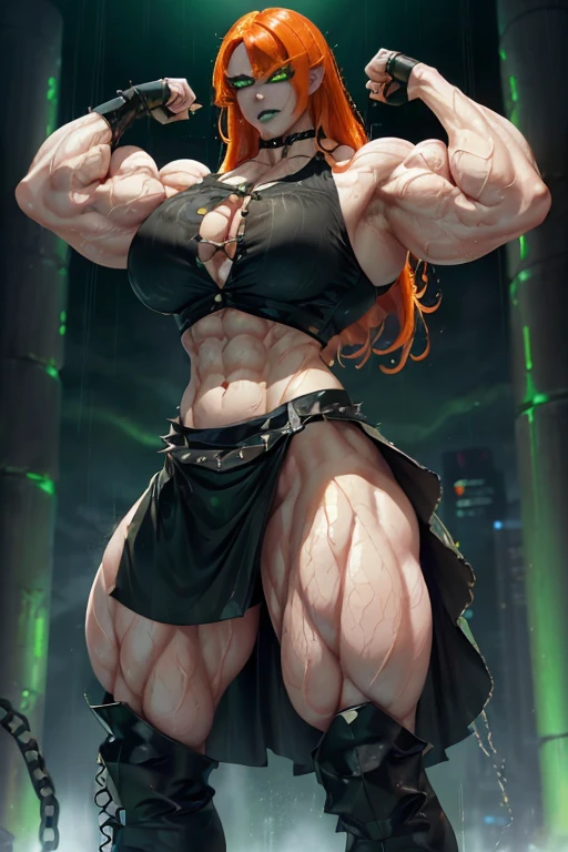 (((((Massive, tall, beautiful, buff, wet, pale white skinned muscular android woman with orange hair, glowing green eyes, black lipstick, ginormous bulky muscles, wearing an half button down black blouse with black loose skirt))))), close view, (massive muscles), massive biceps, hyper muscle shoulders, (ginormous muscles), hyper muscle triceps, (medium length hair wind blowing hair), (glowing green eyes), choker, (chain belt), black boots, (spiked gauntlets), (black fog surrounding the body), on top of a skyscraper of a rainy destroyed dark city, arrogant smile, night, hyper vascular arm, hyper muscles arms, hyper muscle legs, (ginormous arms).