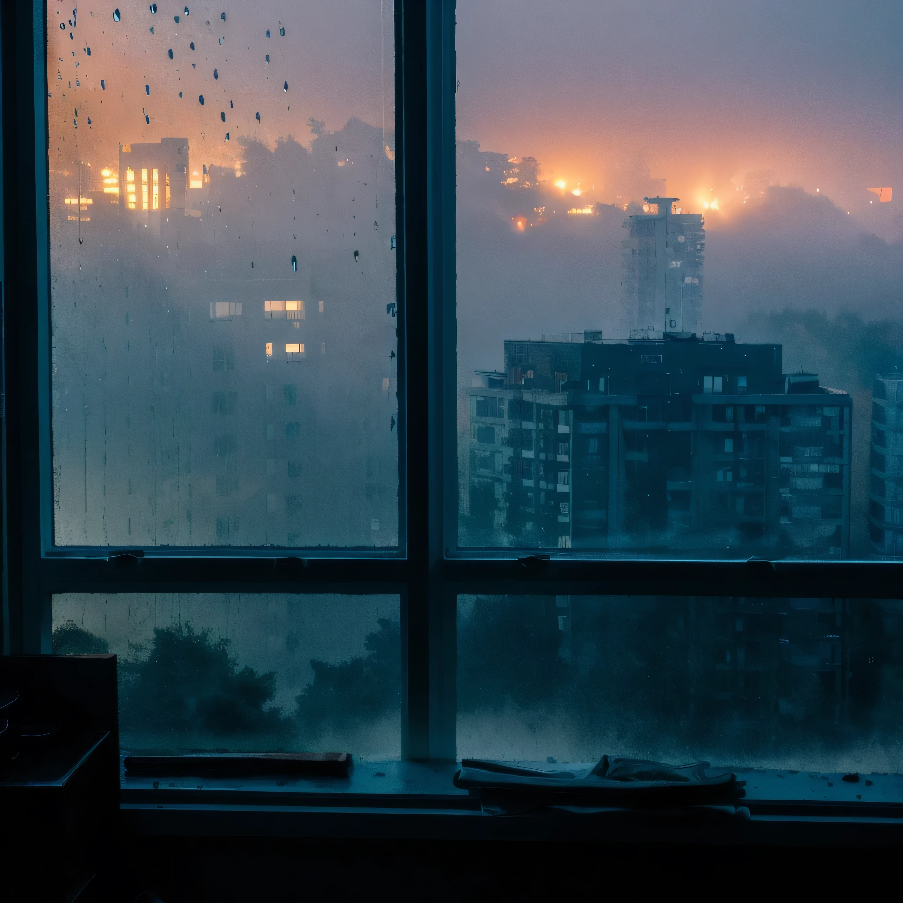 Hyper-realistic and highly detailed illustration of an apartment, Inside perspective, Image with heavy object load,, rainy day,Window full of raindrops,masterpiece, best quality, high resolution, lifelike, messy, untidy, dirty, 8K, film light,Raining windows, dramatic light, dramatic lighting, cinematic, night,Water droplets condense on the window,moist windowsill,Foggy window,moist, very dark nights, Fog and fairly thick smoke, very dark landscape shadows, , moist, Puddles reflect dim ambient light, Water drops on the window make it hard to see outside (3d:0.5,actual:0.5,photoactual:0.5),(Ridiculous,super resolution,masterpiece,best quality,meticulous,Ridiculous:1.2),