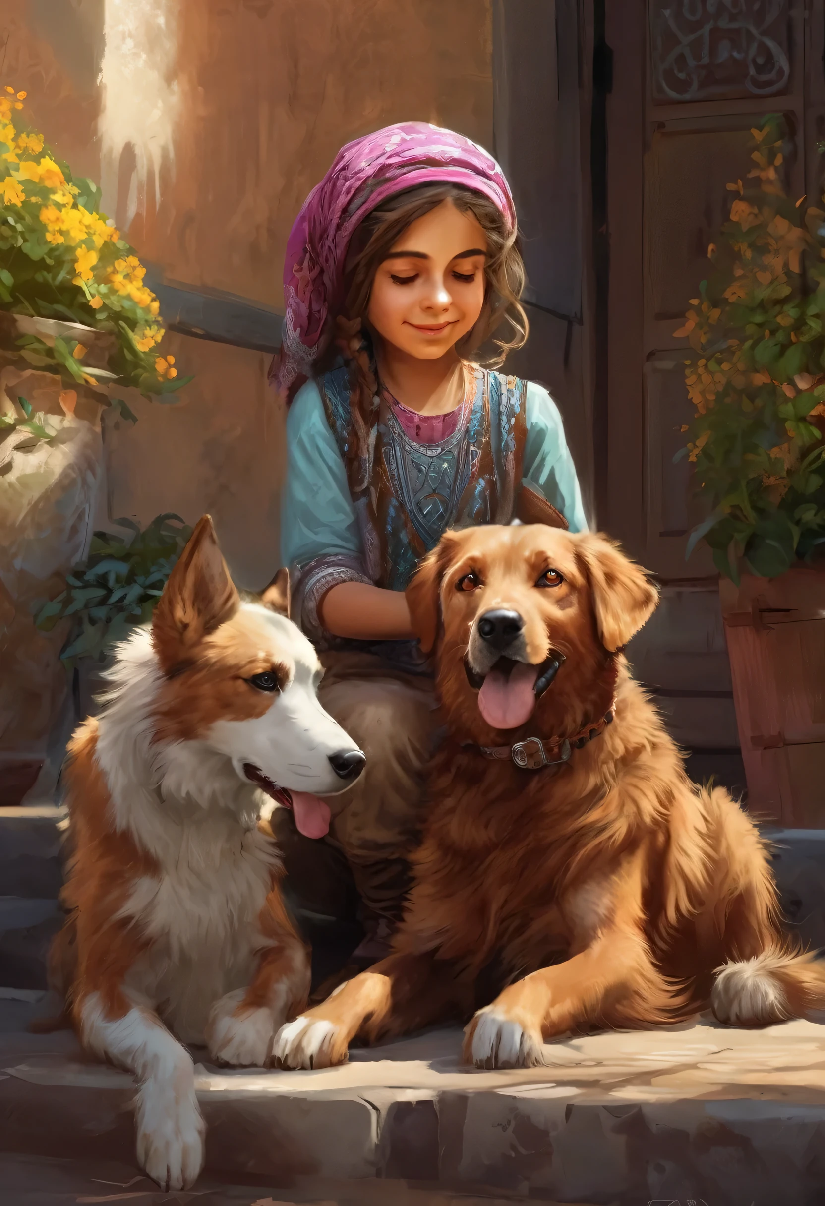 soulwarming, a  turkish girl petting a dog, friendship,  kerem beyit,  a digital painting, very cute and childlike, ultra realistic, beautiful, extremely detailed, compimentary colors, wadim kashin professional, award-winning, trending on artstation 