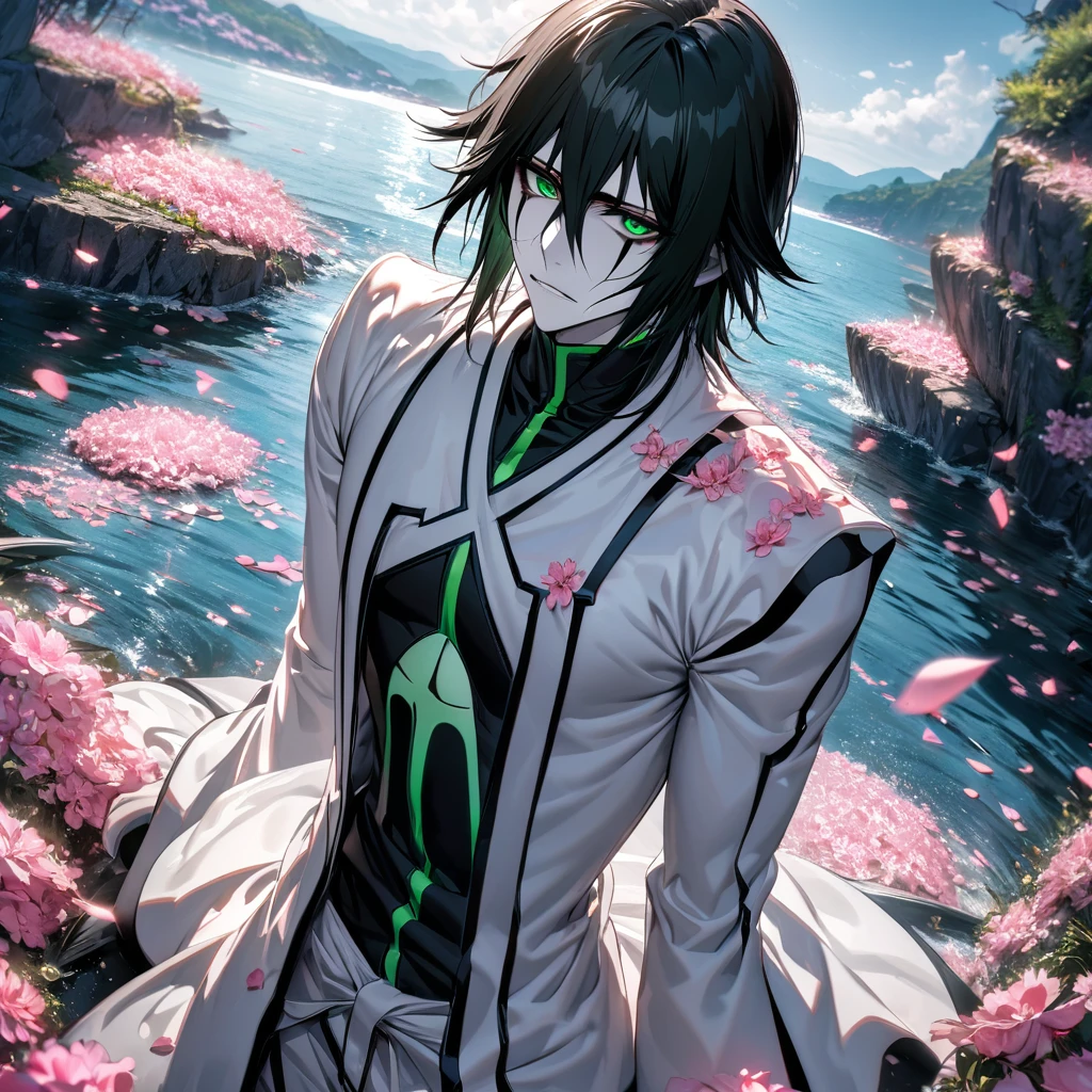 absurdres, highres, ultra detailed, HDR), master piece, best quality, Ulquiorra Cifer, black medium hair, hair between the eyes, expressive green eyes, pale skin, bleach, white arrancar clothes, 1man, handsome, water, pink petals, pink flowers, pink butterflies