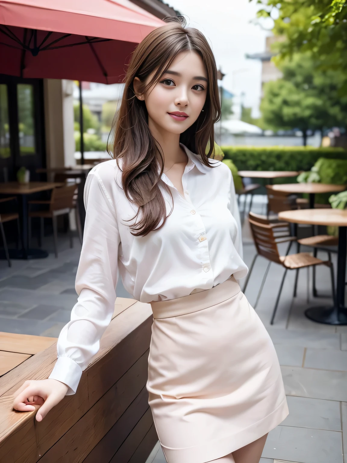 highest quality, Realistically, Very detailed, About pubic hair, High resolution, 8k wallpaper, One beautiful woman, Pink wet lips, Light brown messy hair, Wearing a suit, shirt, White Skirt, Lock focus, Perfect dynamic composition, Beautiful Eyes, Delicate Hair, Detailed Realistically skin texture, smile, Close-up portrait, Model Body Type, On the open terrace of the cafe, Blurred Background, (Full Body Shot), Take photos from a distance, Random body orientation,Sit on a chair