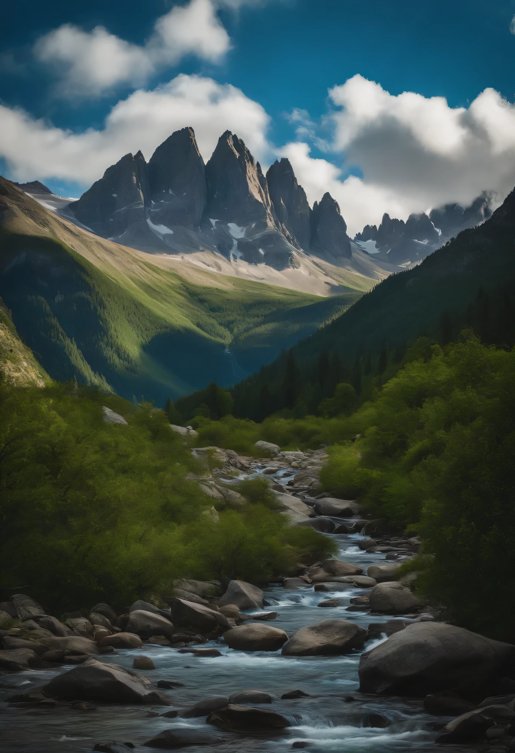 rugged peaks adorned with vibrant greenery, their summits kissed by sunlight against a backdrop of vivid blue skies. Crystal-clear streams cascade down rocky slopes, painting a picturesque scene of mountain majesty.