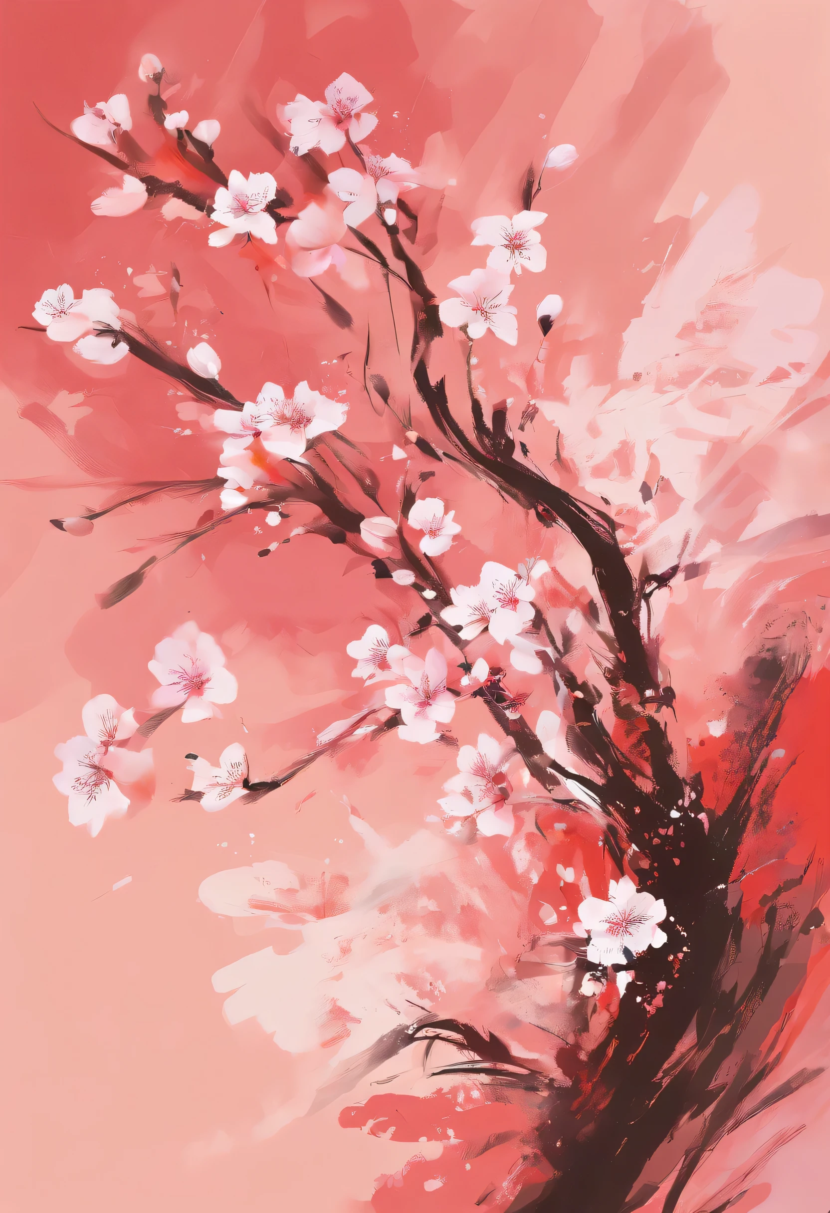Draw an abstract painting of a single flower.,pale pink cherry blossoms、Cherry blossom petals、use acrylic paint、Abstract artist known for his unique use of acrylic pouring, real brush strokes，aesthetic composition，Minimal style, soft flowing strokes、A form that makes you feel nostalgic..、pale pink of cherry blossoms、symbolizing a beautiful era gone by..、express nostalgic feelings、The main color of the work is a warm and gentle sepia tone.......、Add moist compacted sand、Enhances the texture and tactile elements of your artwork, While staring at this image, oot、Interaction of color and texture、Immerse yourself in the nostalgic atmosphere、guided by nostalgia