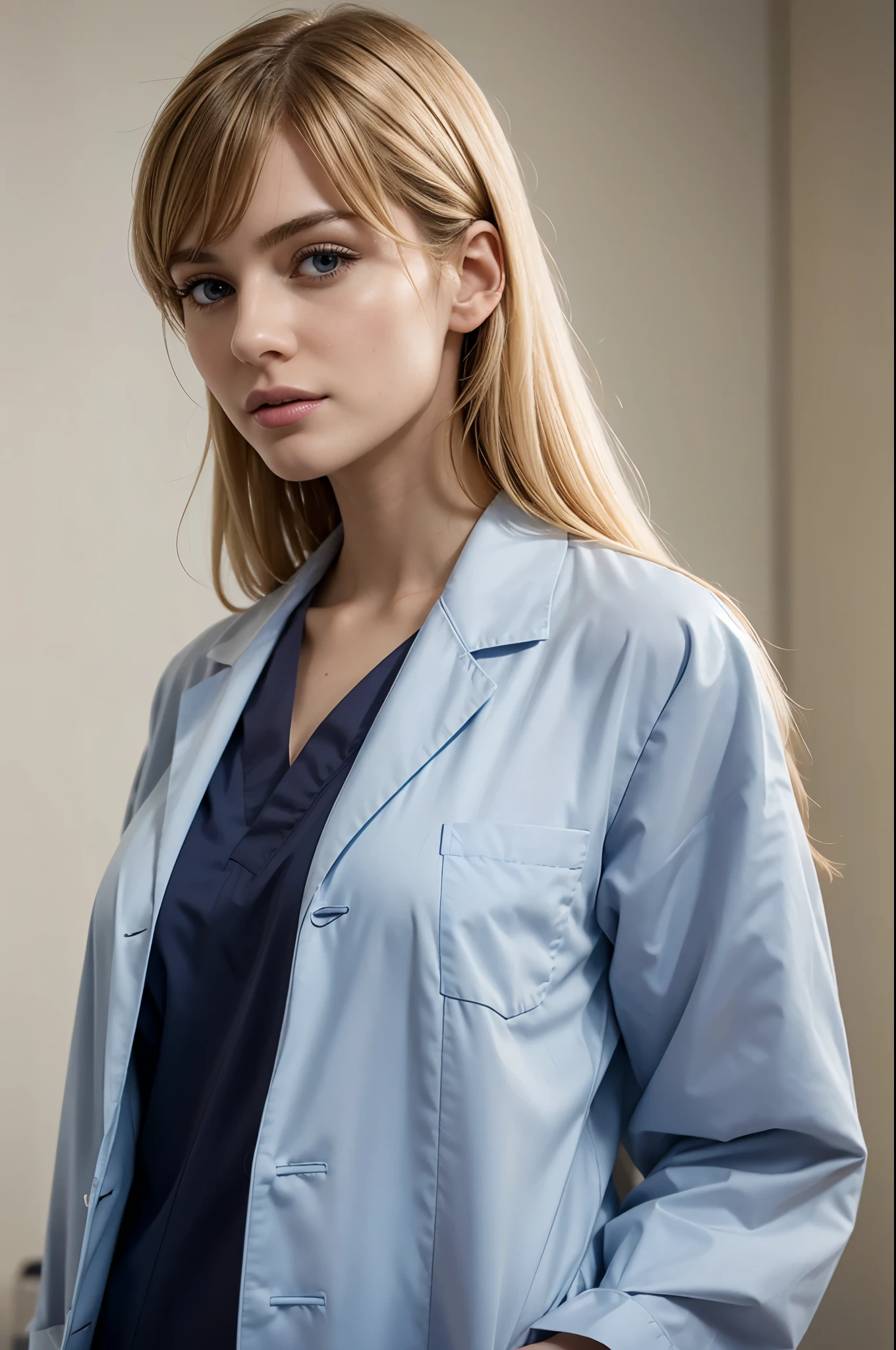 masterpiece, best quality, extremely detailed, hyperrealistic, photorealistic, a beautiful 20s french model, doctor, hospital:1.1, doctor uniform:1.1, ultra detailed face, with bangs, blonde hair, pale skin, busty breasts, tongue out