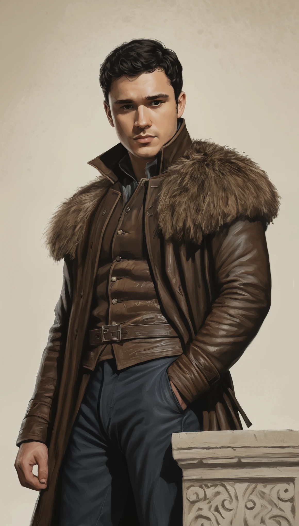 An illustrated movie poster, hand-drawn, full color, a Westerosi man, 28 years-old, wearing a leather coat and riding boots, resembles Gavin Leatherwood, sun-tanned skin, chubby face, average height, stocky physique, deep brown eyes, wide bulbous nose, black hair, curly hair, thick bushy eyebrows, extremely hairy chest, stomach, and arms, lots of body hair, posing on a pedestal, hard shadows, graphite shading, stencil markings, airbrushed acrylic paint, masterpiece, in the style of Game of Thrones