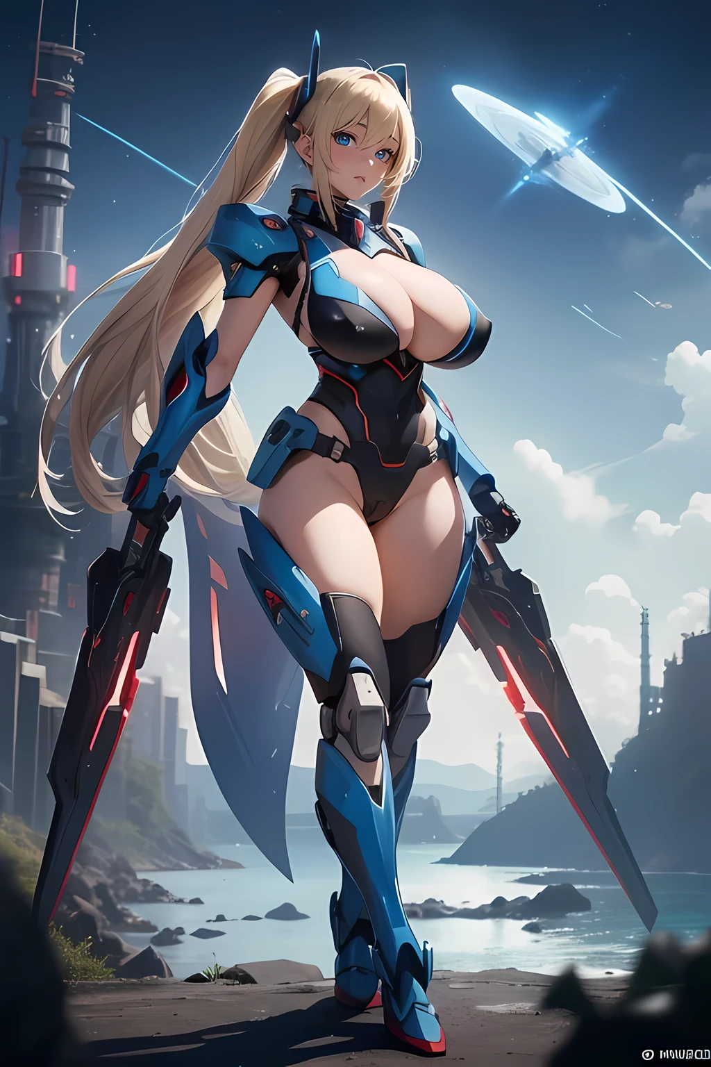 Ultra-high-quality images, Super detailed, ultra high resolution, anime, manga, figure,(full body image), beautiful elf in japan, blonde twintail hair, (ocean blue eyes), red seductive moist thick lips, ecstatic expression, amorous expression, fascinating look, (((((huge breasts))))), (((under the breasts))), (((side boob))), abs, great proportion, perfect proportions, thin, full body, ((mech pilot armor)), (night sky background science fiction city planet), professional lighting, (((Mecha armor))), (Hourglass body type), (((show cleavage))), (((Has a sci-fi red sword。))), ((full body image)), ((erotic)), (Princess), ((older sister)), ((Background Mecha))