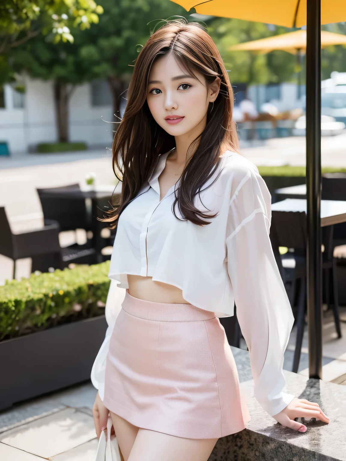 highest quality, realistically, Super detailed, detailed pubic hair, High resolution, 8k wallpaper, 1 beautiful woman, Pink wet lips, light brown messy hair, wearing a suit, shirt, white skirt, lock focus, perfect dynamic composition, beautiful eyes, delicate hair, Detailed realistically skin texture, smile, close-up portrait, model body shape, On the open terrace of the cafe, blurred background, (full body shot), take pictures from a distance, Random body orientation,