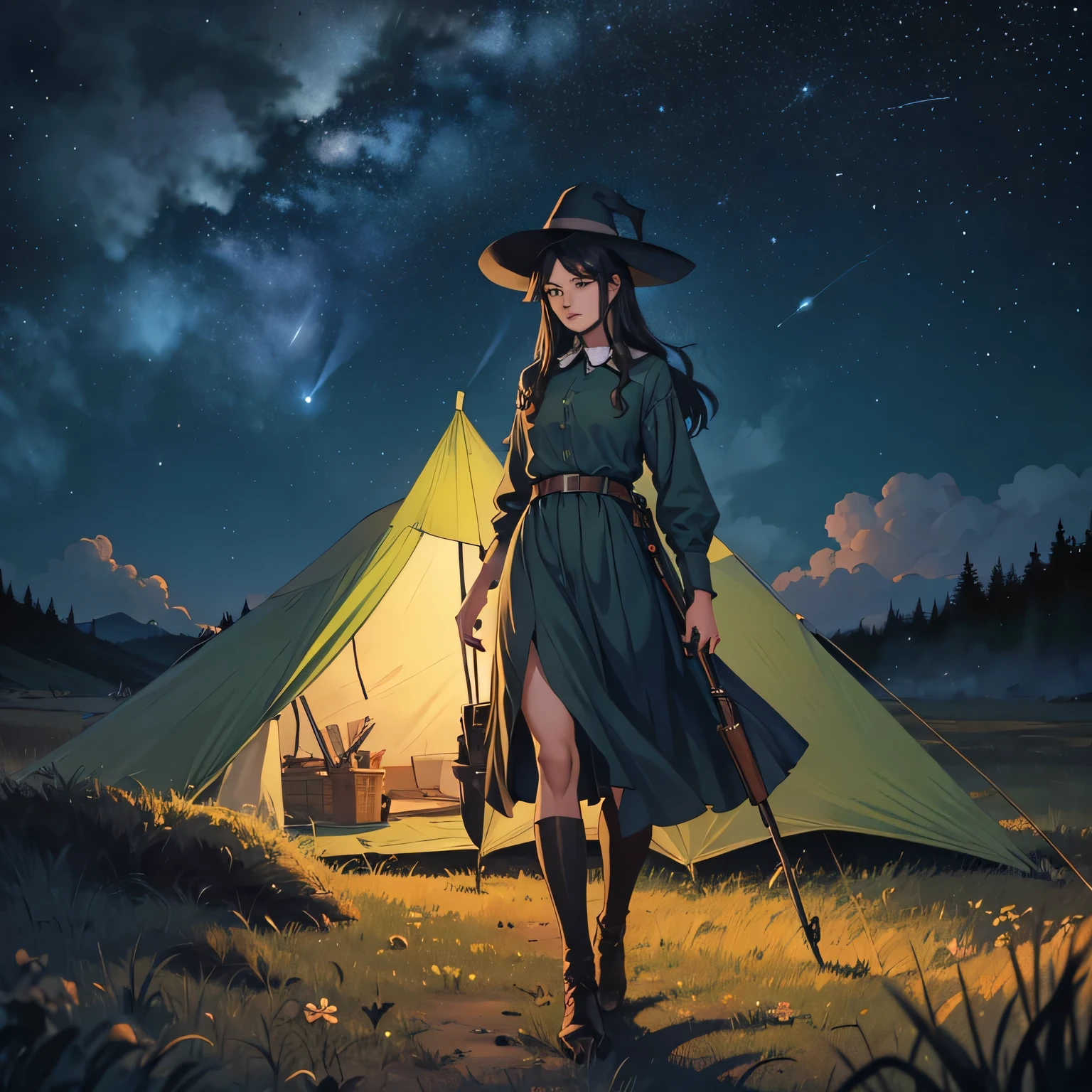 Snufkin,adult woman,long hair,black hair,curl,witch,night,under the starry sky,masterpiece,High resolution,beautiful face,lipstick,Traveling,full body,Soldiers returning from the battlefield,arms,gun,smoke of gunpowder,tent,extreme details,perfection,Like a work of art,

