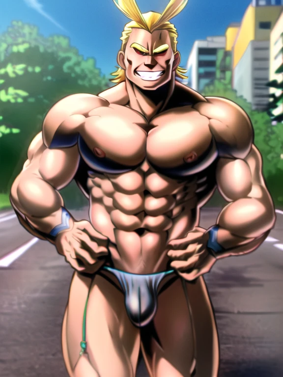 (solo:1.2),1boy, allmight, antenna hair, smile, day, streets, beautiful background, people in the streets, bokeh,
professional, sharp, natural lighting, (masterpiece:1.2), realistic, extremely detailed, intricate details, absurdres, 4k, 8k, hdr, highres, anime, manga, (bulge in thong lingerie bra lace:1.2),topless,