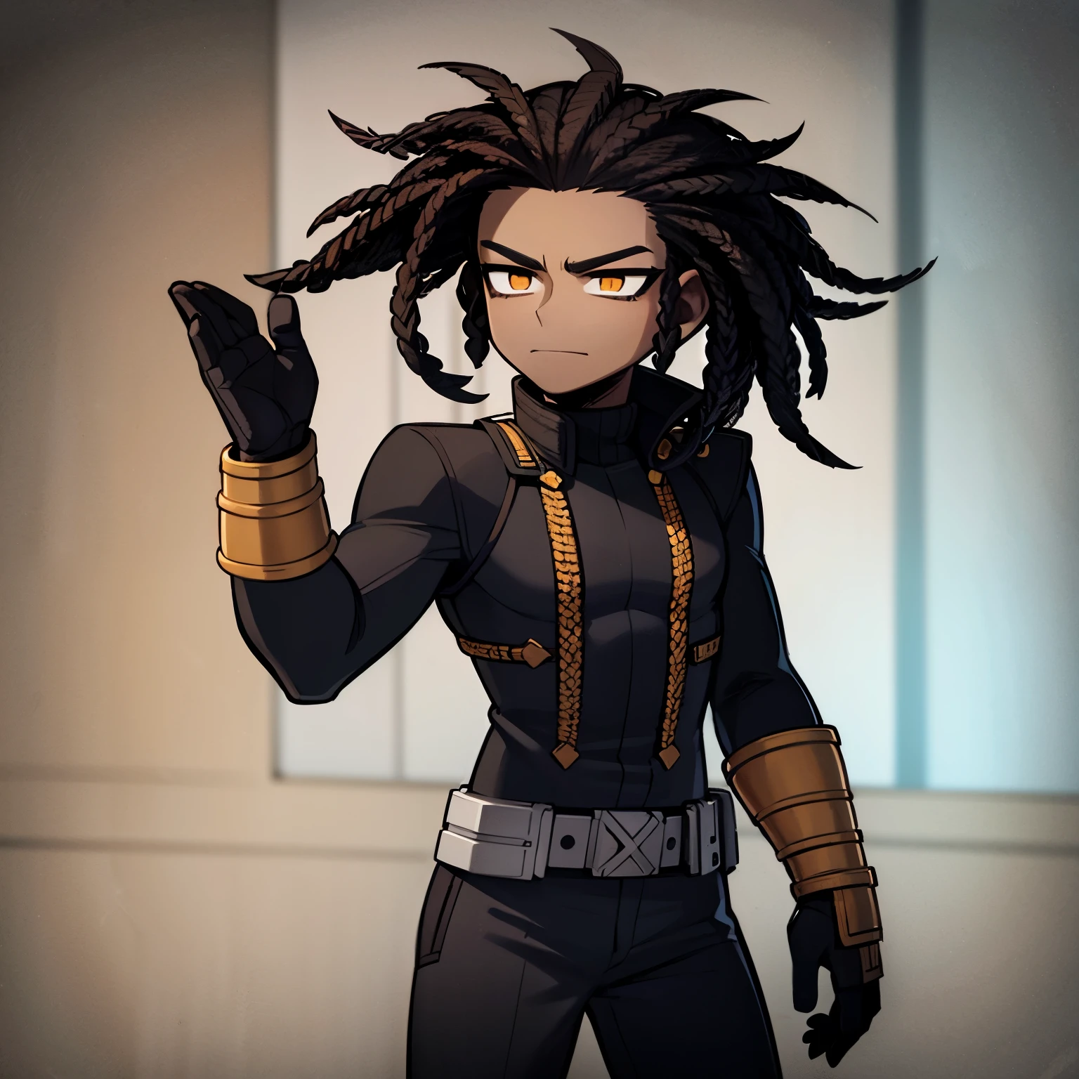 Dark brown skin, young adult man, black short dreads, standing proud, wearing a hero costume inspired by my hero academia art style