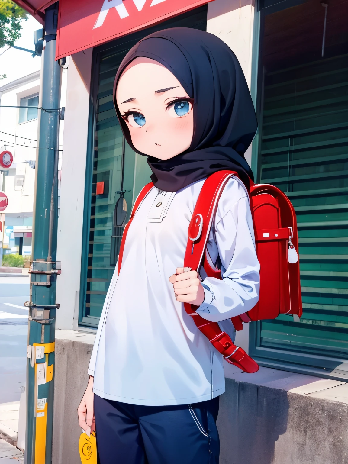 Masterpiece, hd, 2d, Malay girl in hijab , hijab , young woman , 20 y o, 165 cm height, wearing randoseru backpack, (backpack:1.1), wearing white collared shirt, wear oversized pants, standing, ootd