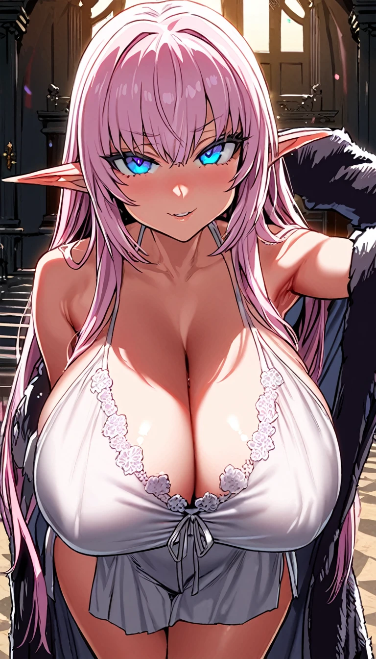 1girl, (masterpiece, best quality, highly detailed), front lighting, ((pink long hair)), beautiful detailed blue eyes, fair skin, (glowing eyes:0.4), elven ear, elf, suigintou, looking at viewer, mansion hall, huge saggy breasts, cleavage, tight white night gown, black fur coat worn loosely, jewelry, posing, leaning, skinny, gentle smile, sunny day