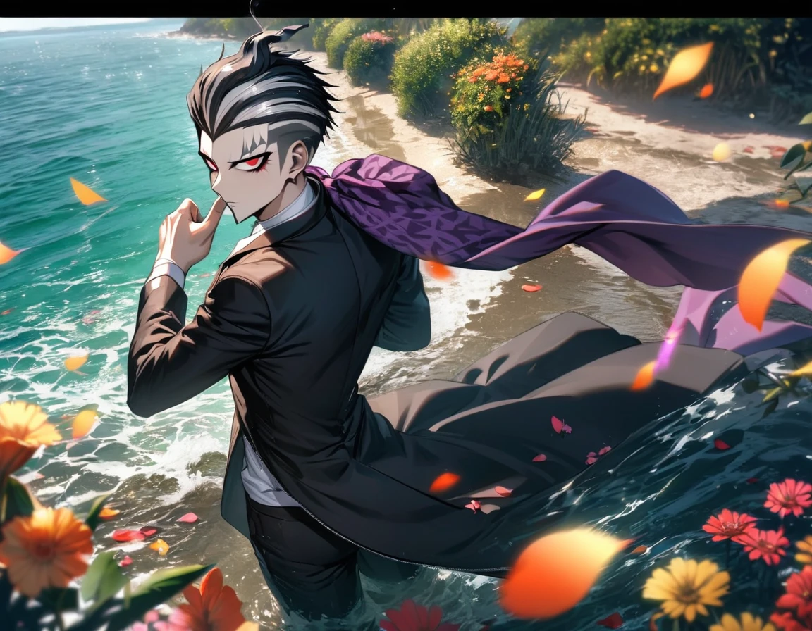 Ultra detailed, Highres, absurdres, HDR, K, Gundham Tanaka, black hair, red eyes, purple scarf, black long coat, white t-shirt, Danganronpa 2, 1 man only, water, petals, flowers, summer, handsome, black pants