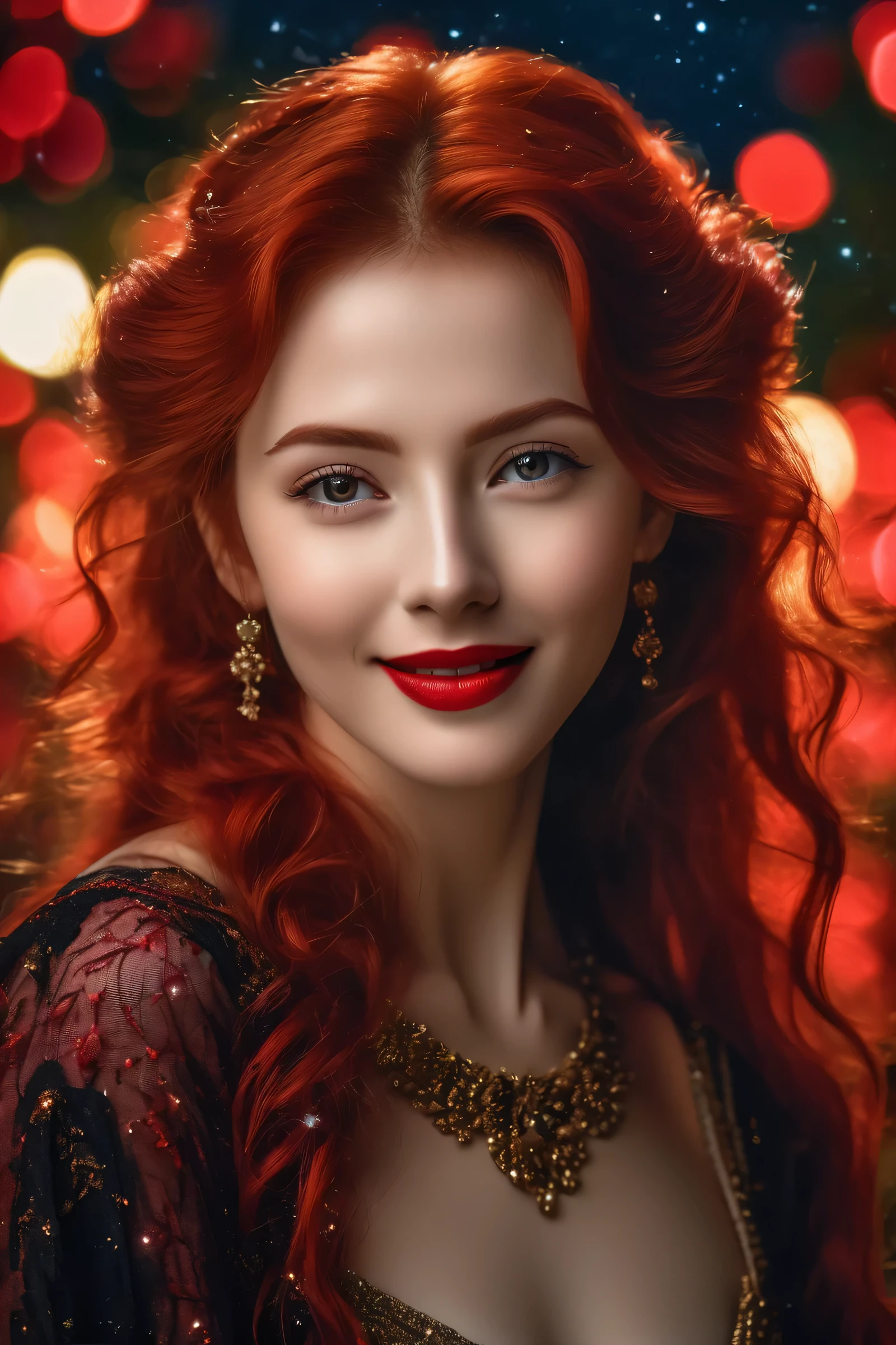 (Masterpiece, Best Quality:1.3), absurdres, (8k resolution), illustration, ((outline, thick lineart)), (faux traditional media:1.3), looking at viewer,(masterpiece,best quality),HDR,high-definition,[[Intricate Details]],cinematic,photorealisticportrait shot, ((vivid red hair)), mature woman, 30 years old, diamond face, moonlight, red starry sky background, depth of field, magic, big red lips, ((dark black eyes)) black and red long and full dress, covered chest, mystical atmosphere, smile expression, posing, taut and well defined body, attractive. Highly realistic, pale skin, beautiful, hyperrealism, skin very elaborated, direct gaze ,flower_style,
