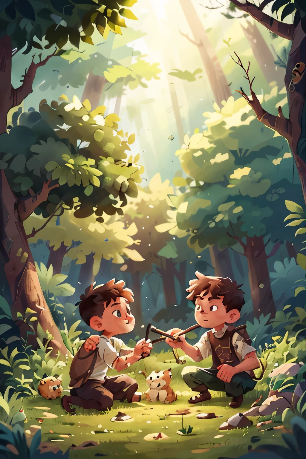 Image style illustration: There was once a boy named Uriel, who loved to play in the forest. One day, he came across an injured lion trapped in a cage and felt compelled to help. Uriel tenderly cared for the lion, nourishing him with food and tending to his wounds every day. As Uriel spent more time with the regal beast, he began to notice its majestic style and strength, inspiring him to draw the lion with intricate details and bold lines, using warm and earthy tones to reflect the forest setting. The illustration depicted the bond between the boy and the lion, with Uriel’s caring gaze locked onto the fiercely beautiful creature. The style of the