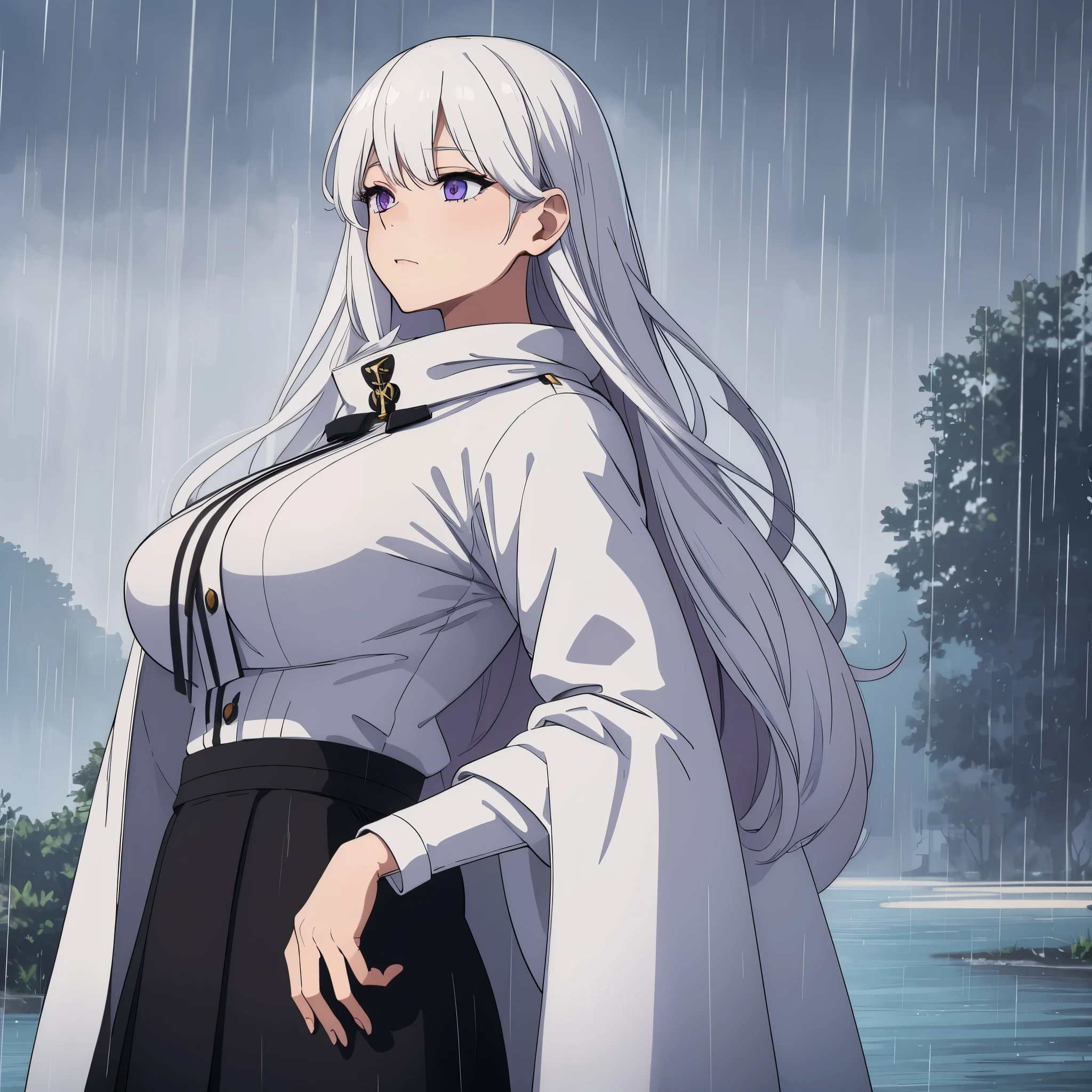 A woman wearing long white fur coat, white shirt, black skirt, long white hair, purple eyes, big breasts, in a park, the view of a distant sea, rainy and cold weather, fog,HDR, ultra resolution, very detailed, masterpiece, ultra quality, 4K HD. (solo, just a girl)
