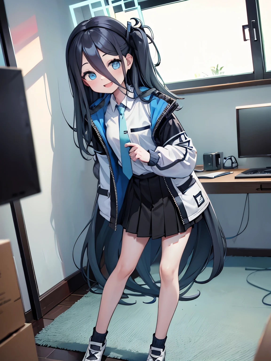 Masterpiece, hd, 2d, Alice, black hair, blue eyes, long hair, wear gaming Jacket, standing, indoor, smile, happy