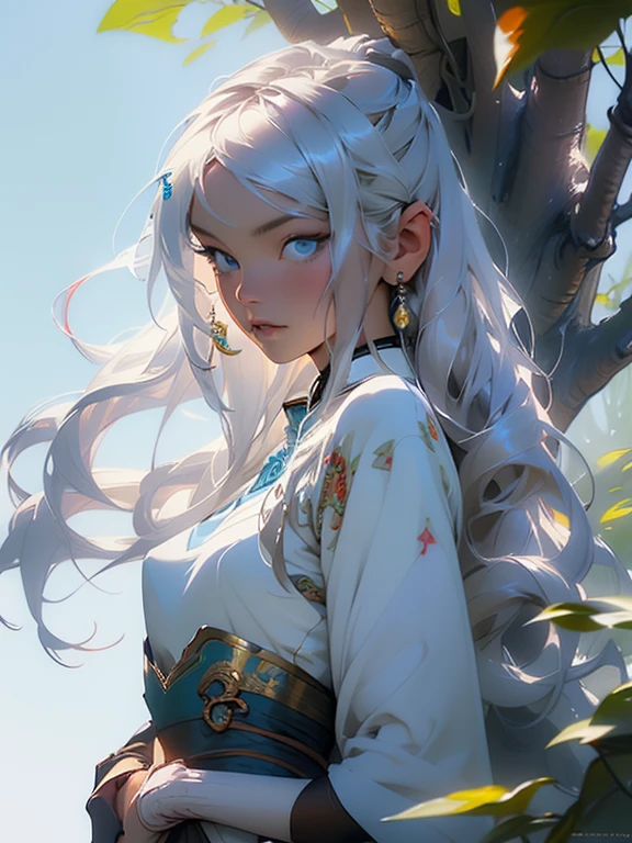 photorealistic, high resolution, soft lights, 1women, solo,small breasts, slim waist, (blue eyes, white long hair), vietnamese traditional, aodai, foxfire spell, fox familiar, transformation,depth of field, figurative art, wonderful, cool beauty, perfect composition, perfect angle, best shot, sharp outline, nostalgia, romantic, 64k, award winning illustration, realistic light, ultra-detailed, high quality concept art, inspired by Daiqing Tana and Haya, inspired by Cave of 1,000 Buddhas and Taoist mythology, inspired by Alphonse Mucha style with art nouveau elements.