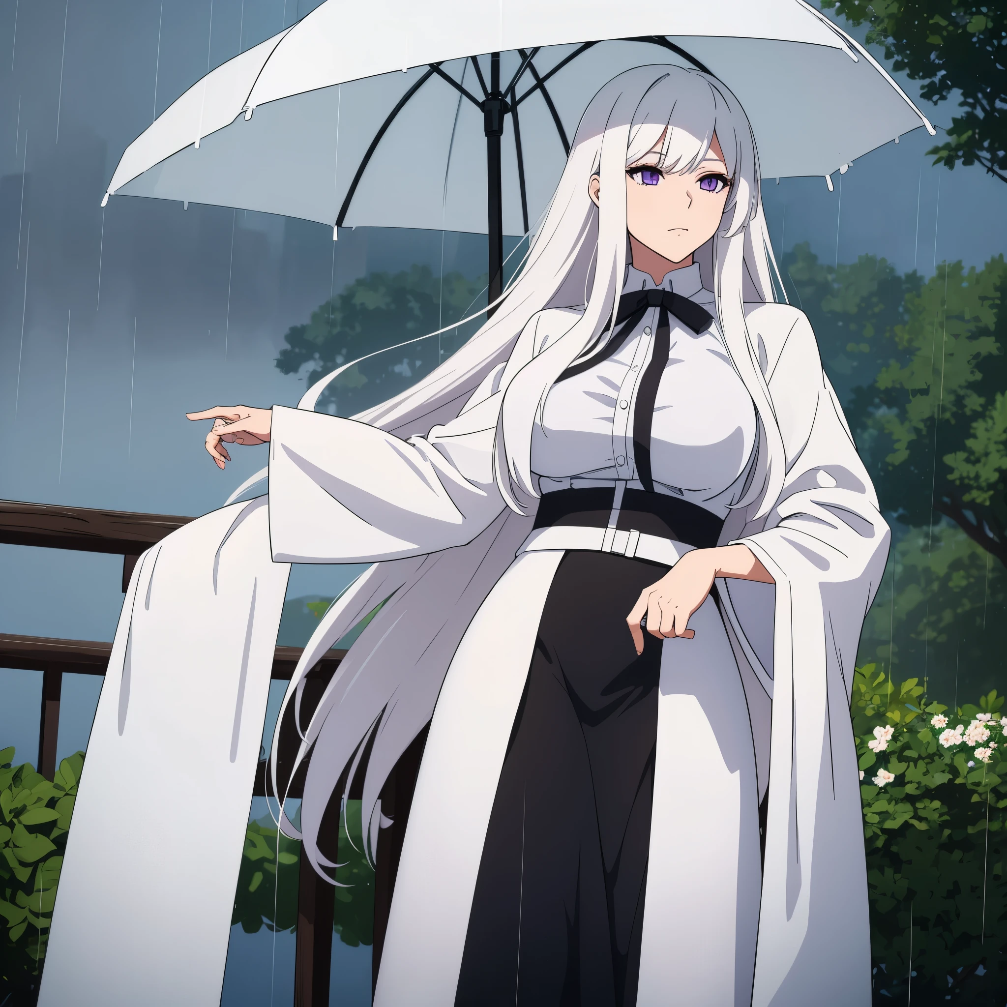 A woman wearing long white fur coat, white shirt, black skirt, long white hair, purple eyes, big breasts, in a park, the view of a distant sea, rainy and cold weather, fog,HDR, ultra resolution, very detailed, masterpiece, ultra quality, 4K HD. (solo, just a girl)
