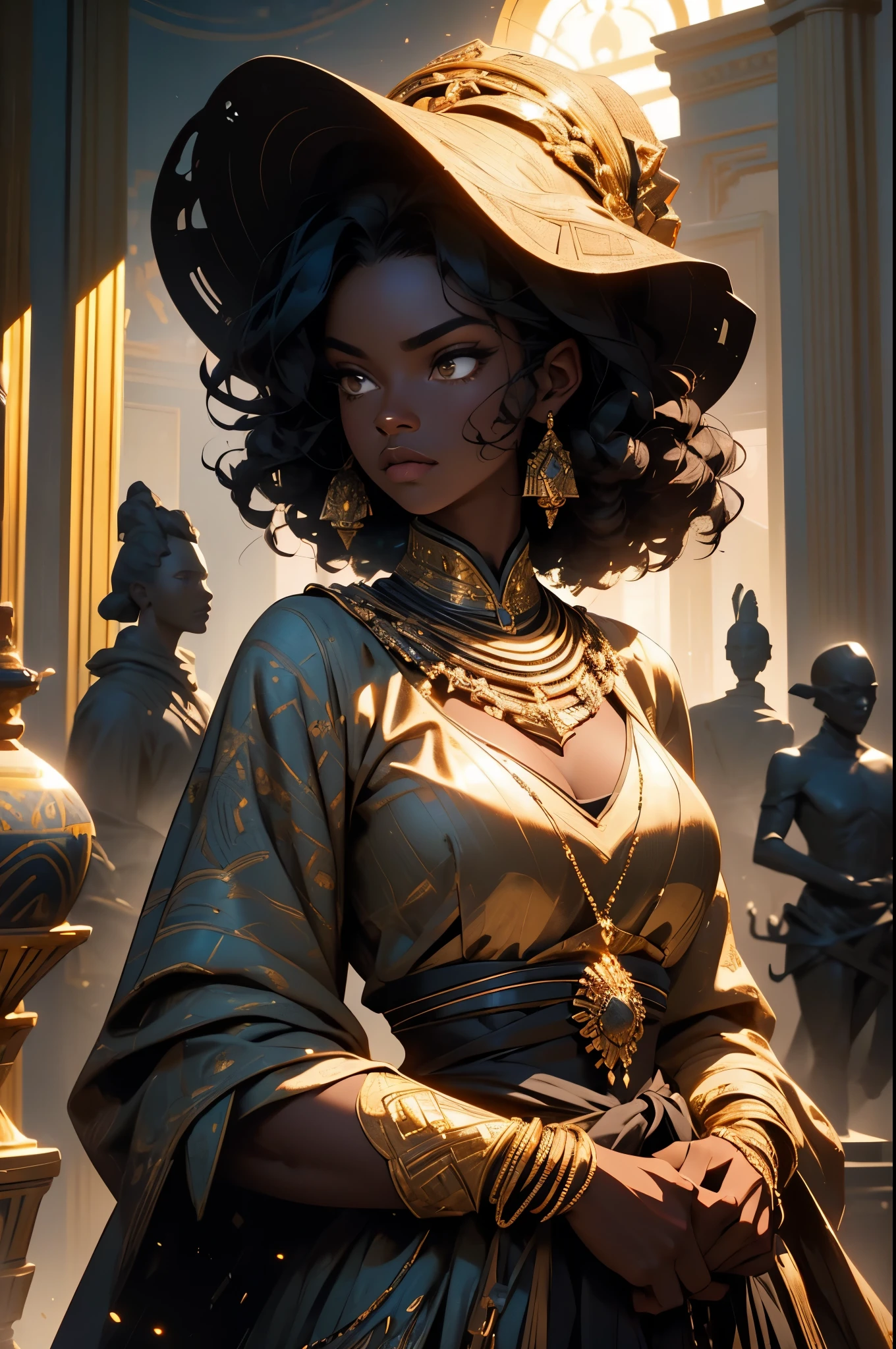 (best quality,32k,masterpiece:1.2),detailed,ray tracing,(cinematic lighting:1.1),depth of field,portrait,curly black hair,luxurious,(hot curvy dark skinned black woman) in an African museum, surrounded by drums, sculptures of animals, pots, african designed sculptures.