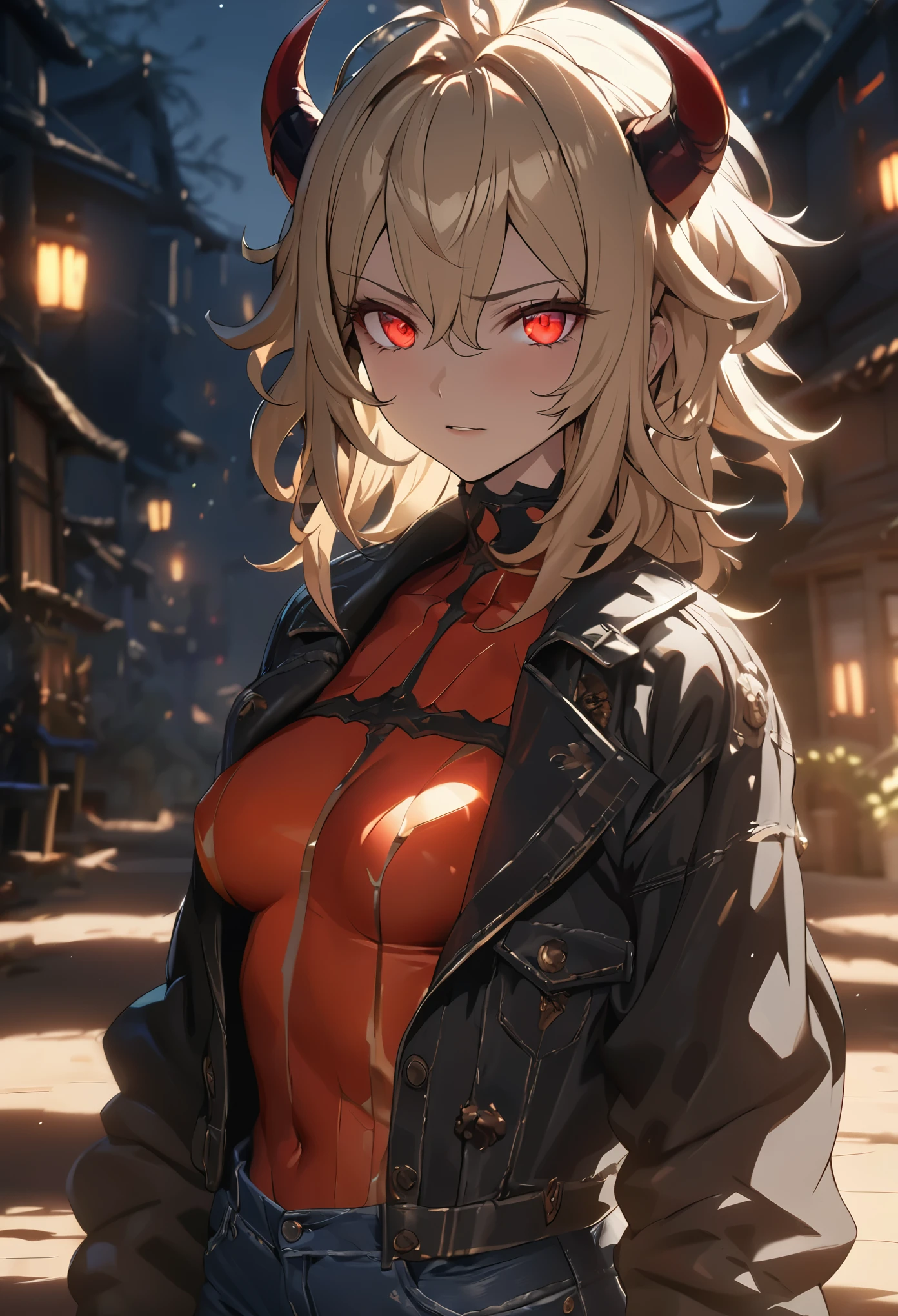 ((solo)), (woman), red glowing eyes, blond hair, medium hair, messy hair, fluff hair, mane hair, (sculpted body), (black skin), medium breasts, (20 year old), close up of a person on a village during the night detailed key anime art, demon woman, casimir art, masamune shiro, masamune, beautiful woman in demon slayer art,, heise jinyao, shadowverse style, (no logos), jeans shorts, red and black spandex, jeans jacket, horned crown, eye reflection, depth of field, cinematic lighting, ray tracing, depth of field, cinematic lighting, ray tracing, UHD, high details, best quality, highres, high quality, award winning, super detail, masterpiece, 8k, UHD, high details, best quality, highres, high quality, award winning, super detail, masterpiece, 8k