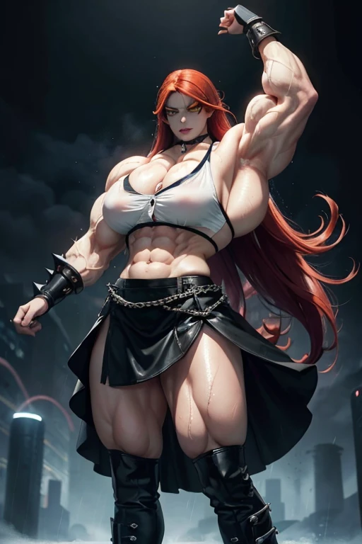 (((((Massive, tall, beautiful, buff, wet, pale white skinned muscular Asian android woman with red hair, glowing yellow eyes, black lipstick, ginormous bulky muscles, wearing an half button down black blouse with black loose skirt))))), close view, (massive muscles), massive biceps, hyper muscle shoulders, (ginormous muscles), hyper muscle triceps, (long hair wind blowing hair), (glowing yellow eyes), choker, (chain belt), black boots, (spiked gauntlets), (black fog surrounding the body), on top of a skyscraper of a rainy destroyed dark city, arrogant smile, night, hyper vascular arm, hyper muscles arms, hyper muscle legs, (ginormous arms).