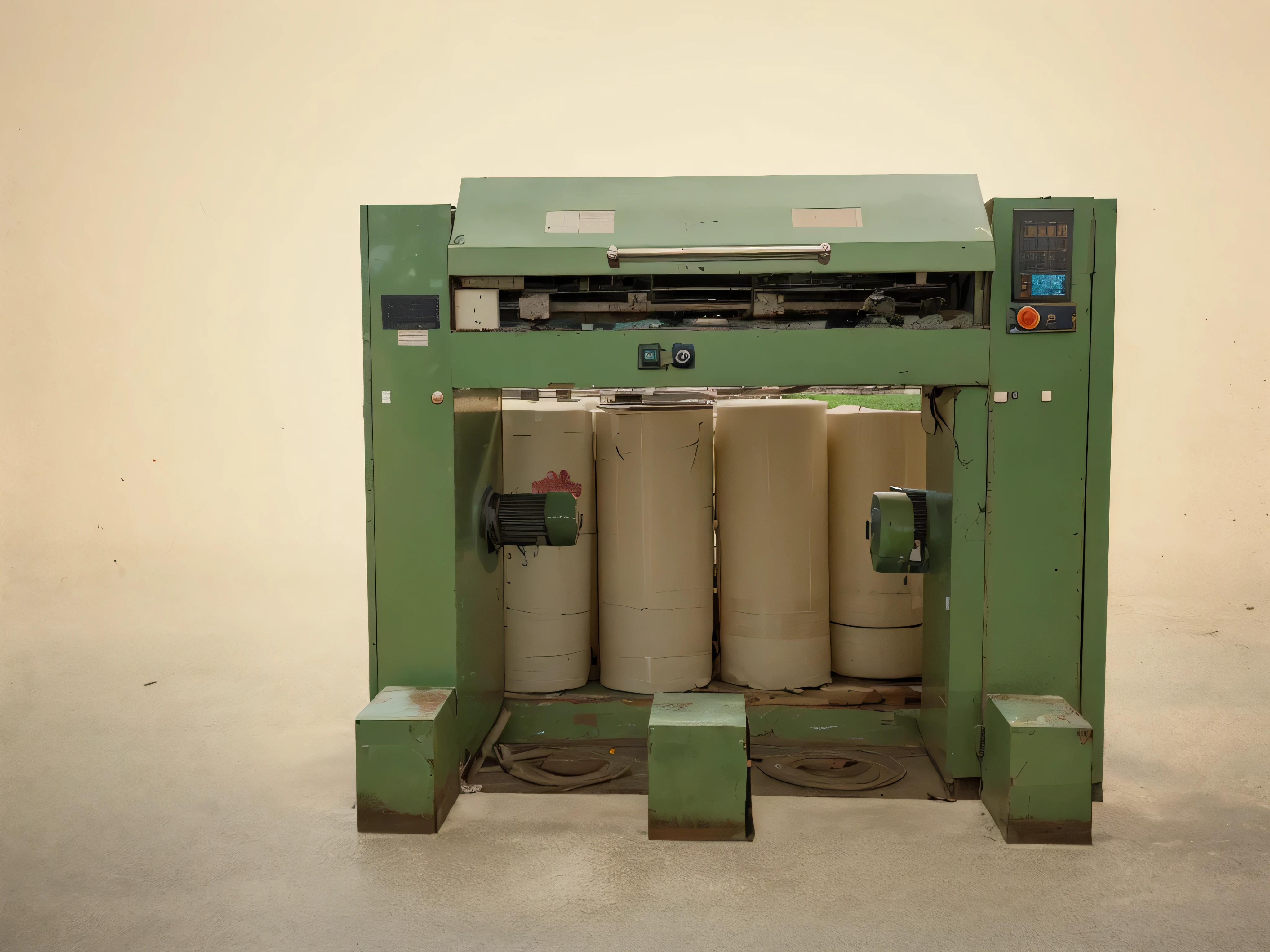 there is a machine that is sitting on a table with some rolls, The photo shows a large, Post-processing, machine, industrial machinery, overload, Clean post-processing, a large portrait, after a war, Paper, portrait n-9, multi-part, musical instrument, At the factory, post-processed, machine3, heavy, high detail