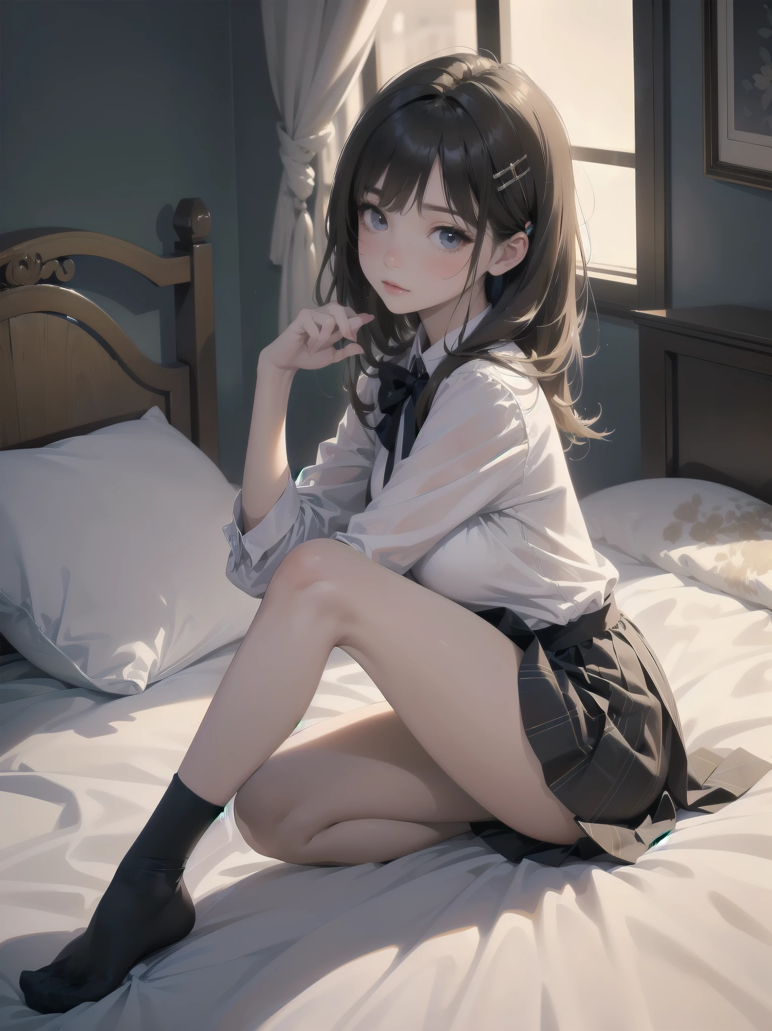 highest quality, masterpiece, Extremely detailed, (full body shot), Front view, symmetry, Immature Japanese , alone, (alone: 1.3), thin legs, whole body from head to toe, From above, sitting, M-shaped spread legs, look at the viewer: 1.3), small breasts, (Black sheer detail material and shiny tights): 1.2), Underwear made of white silk lace fabric through tights, very beautiful 17 year old girl, I don&#39;t have shoes, (blush: 1.3), shy big eyes, (short (brown hairy area), (bangs), messy hair, (hair clip), Lying on white sheets, I&#39;m watching you: 1.3), look at the camera, You can see the white silk lace underwear, white lingerie, high blazer, high white blouse, high blue ribbon, High plaid and navy pleated skirt, break (cute pose: 1.3), (Genius actress:1.5), (Best lighting by famous artists: 1.2), 8K, ((Cute pose acting instruction from a famous master: 1.6)), ((thighs spread from side to side: 1.35)), ((deep い is written in the depth of the world:1.5)),
