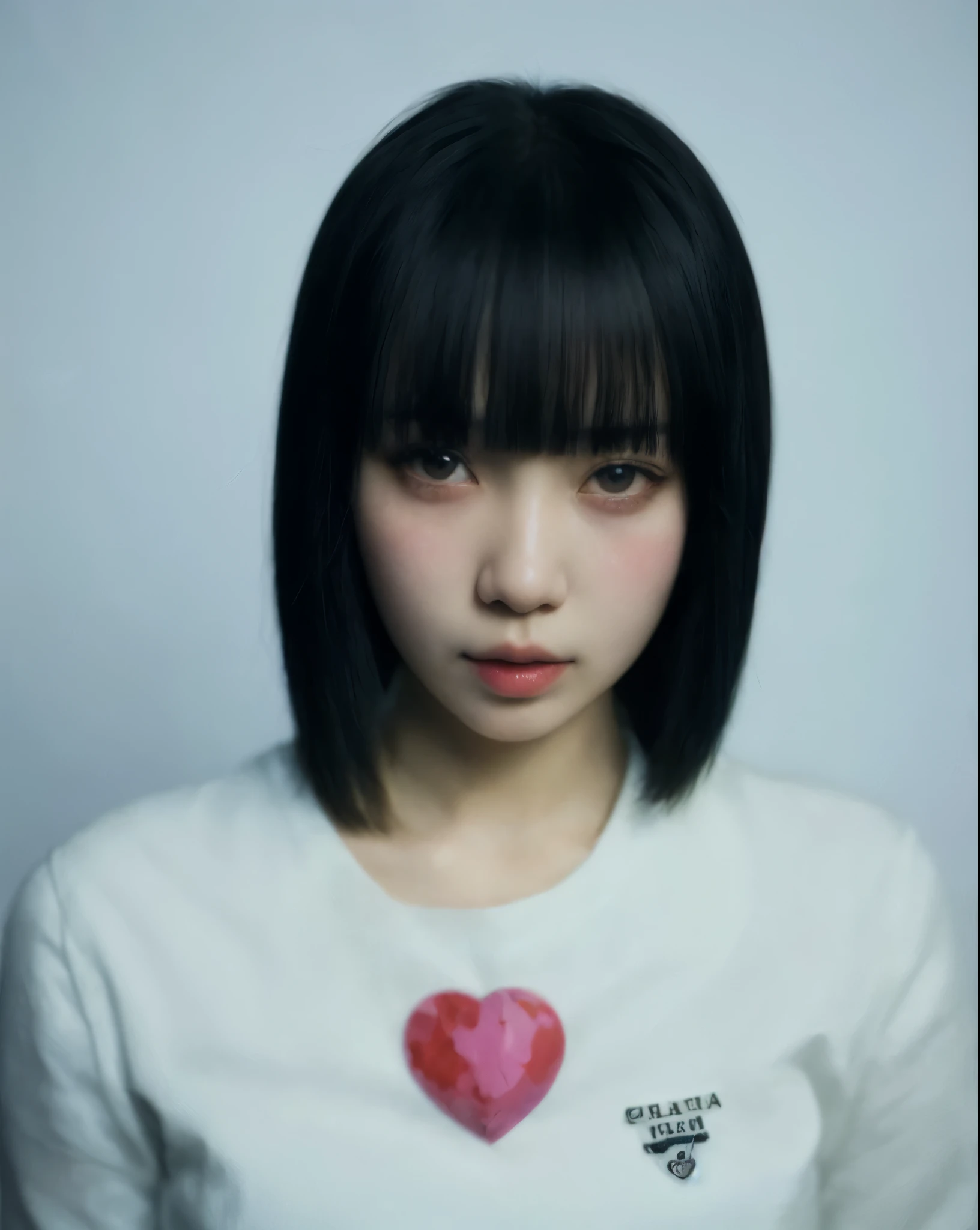 arafed woman with a heart shaped sticker on her chest, anaglyph effect ayami kojima, sui ishida with black hair, chiho, white hime cut hairstyle, sui ishida, black hime cut hair, with short hair with bangs, neat hair with bangs, with short hair, portrait of a japanese teen, kuvshinov ilya