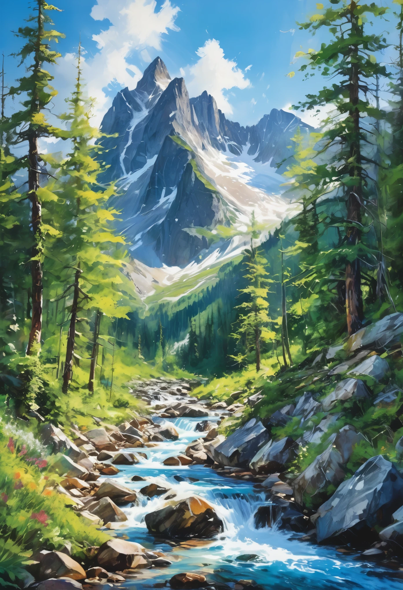 rugged peaks adorned with vibrant greenery, their summits kissed by sunlight against a backdrop of vivid blue skies. Crystal-clear streams cascade down rocky slopes, painting a picturesque scene of mountain majesty.
