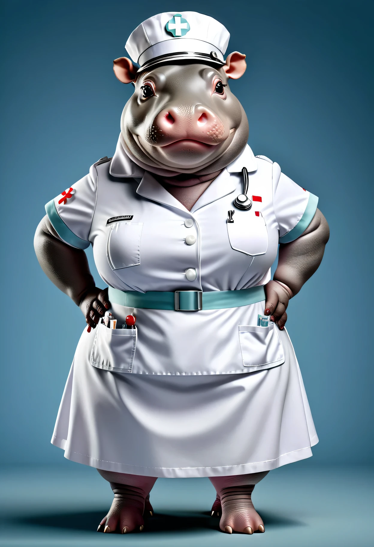 photorealistic portrait of Dressed animals - a ((fat)) hippo nurse,(hands on hips:1.5 ),(), high quality,(lovely) ,intricate details, highly detailed ((white nurse costume)), wearing nurse cap and skirt , highly detailed medical equipment , (happy), studio lighting,(),(simple background)