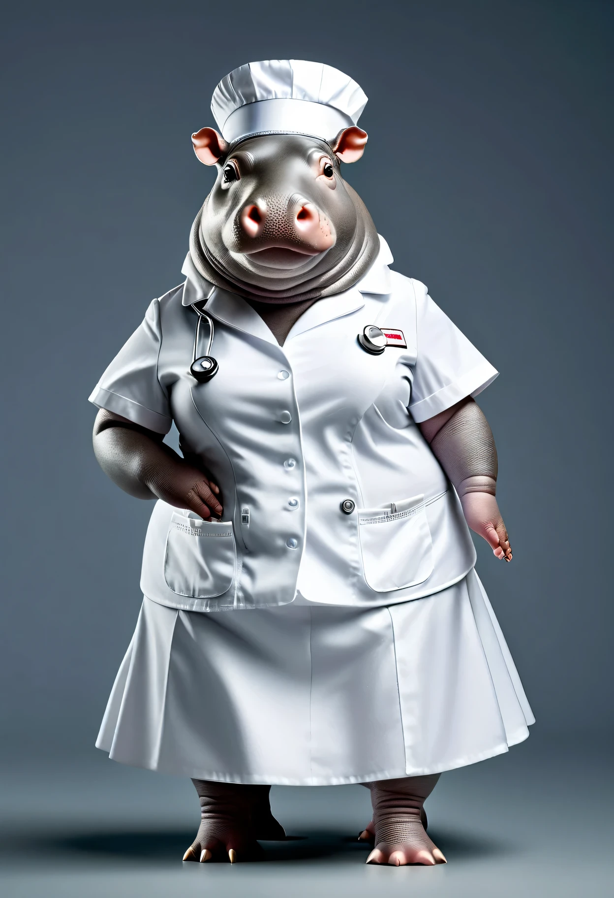 photorealistic portrait of Dressed animals - a ((fat)) hippo nurse,(sexy pose:1.5 ),(arm up), high quality,(lovely) ,intricate details, highly detailed ((white nurse costume)), wearing nurse cap and skirt , highly detailed medical equipment , (happy), studio lighting,(),(simple background)