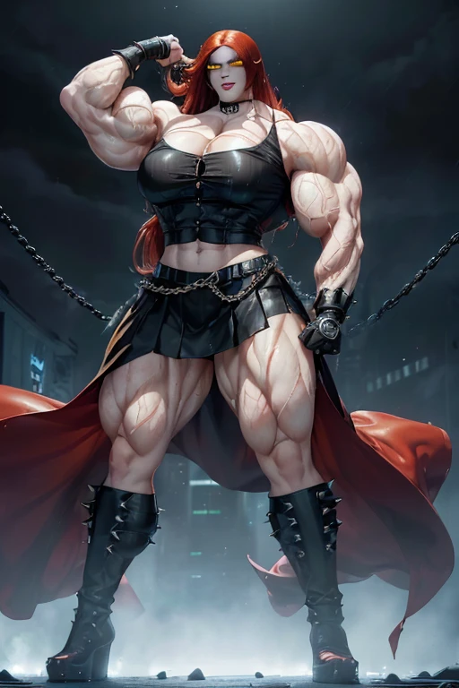 (((((Massive, tall, beautiful, buff, wet, pale white skinned muscular Asian android woman with red hair, glowing yellow eyes, black lipstick, ginormous bulky muscles, wearing an half button down black blouse with black loose skirt))))), close view, (massive muscles), massive biceps, hyper muscle shoulders, (ginormous muscles), hyper muscle triceps, (long hair wind blowing hair), (glowing yellow eyes), choker, (chain belt), black boots, (spiked gauntlets), (black fog surrounding the body), on top of a skyscraper of a rainy destroyed dark city, arrogant smile, night, hyper vascular arm, hyper muscles arms, hyper muscle legs, (ginormous arms).