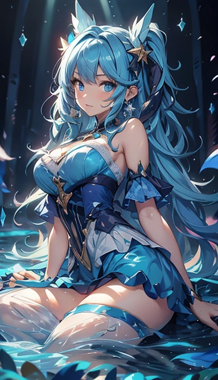 blue dress, underwater, 1 Solo Girl, wet all over, Stick out your tongue, Water dripping from mouth ,There are water drops on the face , blue hair and eyes, pointed ears, bare shoulders, headgear, There are fins on the head, Sleeves slit to wrist, unfolded skirt, folded.