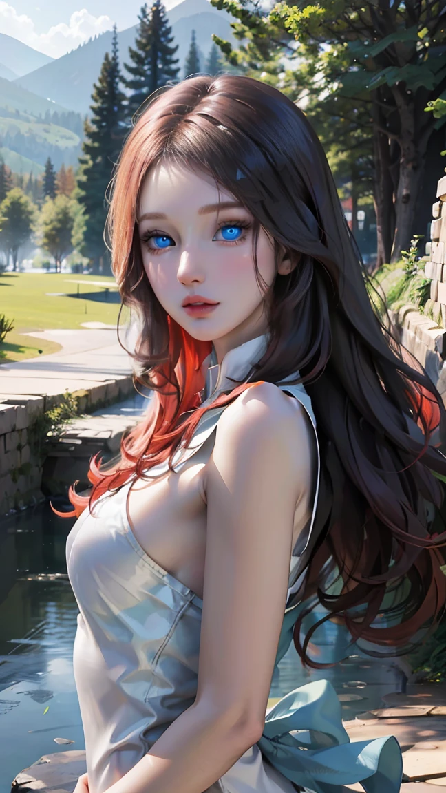 8K, Ultra High Definition, Super detailed, Shiny detailed hair, detailed face, fantasy landscape, solo, looking at viewer, {{best quality}}, {{masterpiece}}, {{ultra-detailed}}, {detailed light}, ultra high quality eyes, detailed eyes, perfect eyes, large eyes, detailed blue eyes, beautiful lips, red hair, long hair, beautiful, skinny body, white skin, slutty, erotic, suggestive, sexy woman, mature woman, milf, sexy milf, ((nsfw))