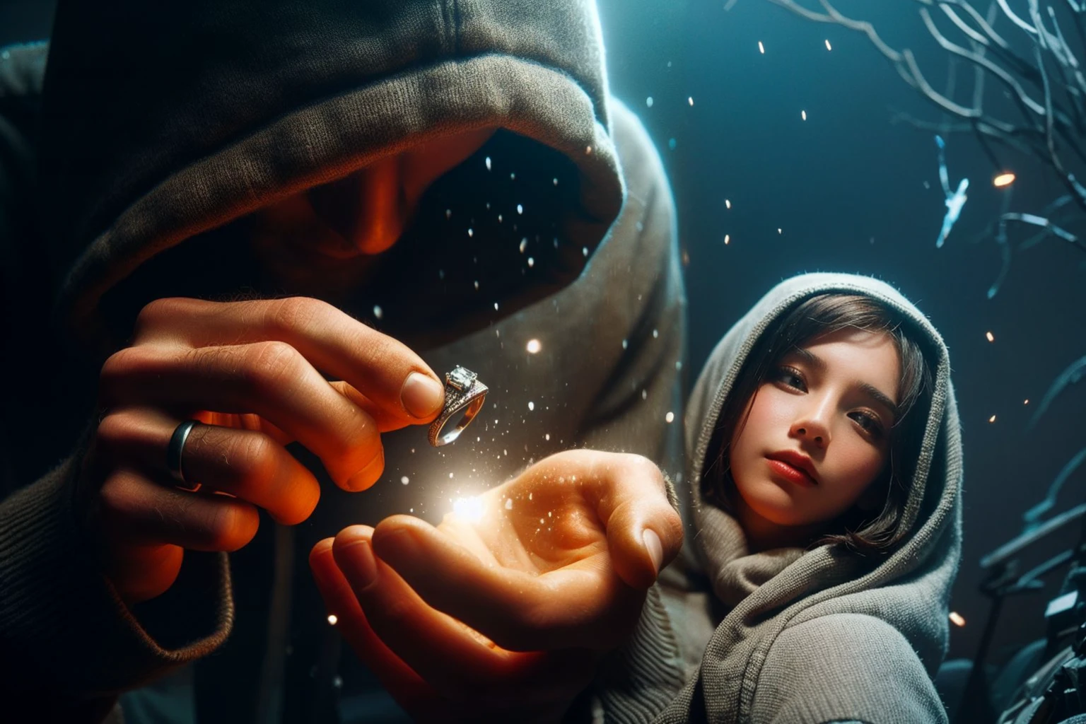 close-up of a hooded man with his head slightly lowered presenting his engagement ring to his girl, hooded cape, forest trail, cyan lighting, FeyFa, Fantasy, magic lights