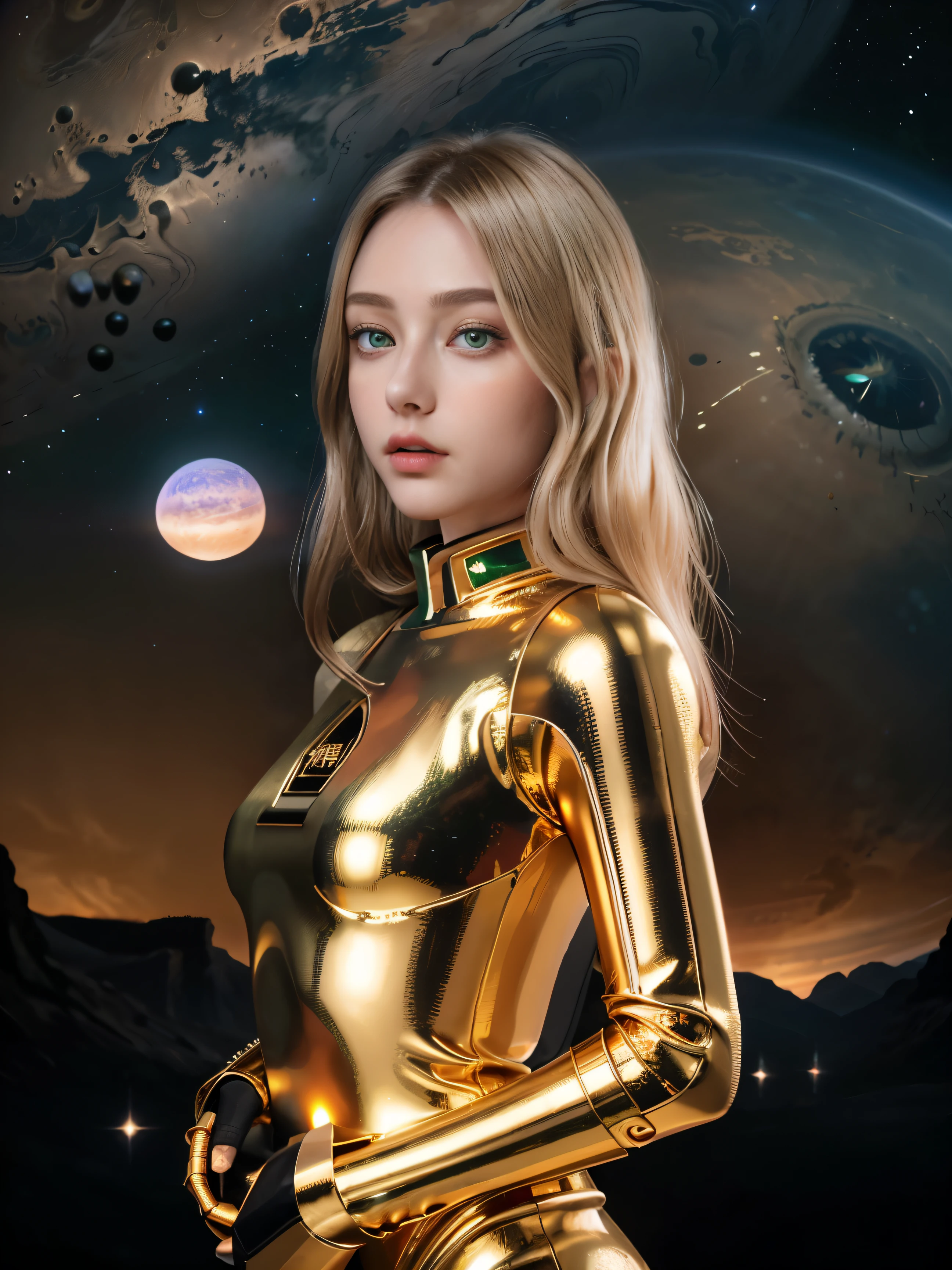 (8k), (highest quality), (best details)Uninhabited Mars Earth、A giant, creepy eyeball floats in the night sky、blonde、Green Eyes、tattoo、full body portrait。Very beautiful French woman、A gold space suit like C3PO、Meteors、slim body