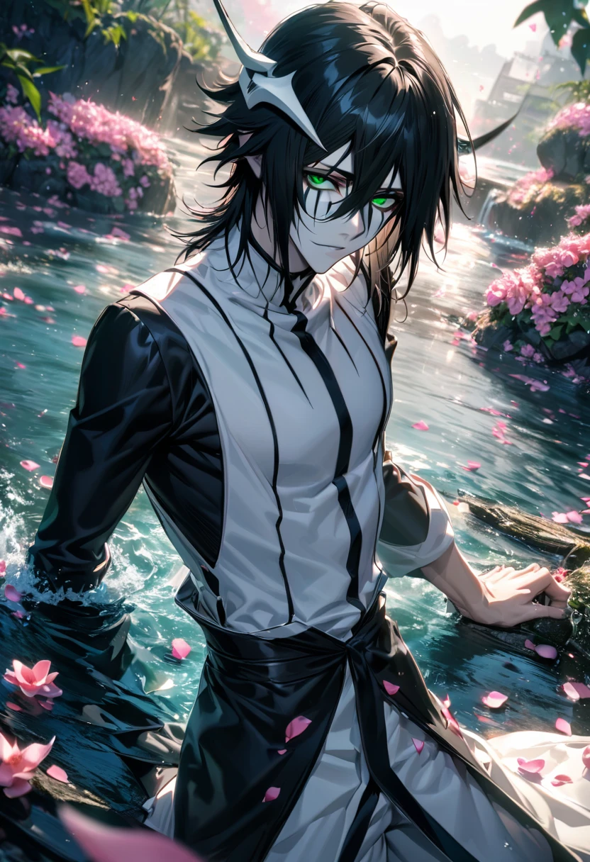 absurdres, highres, ultra detailed, HDR), master piece, best quality, Ulquiorra Cifer, black medium hair, hair between the eyes, expressive green eyes, pale skin, bleach, white arrancar clothes, 1man, handsome, water, pink petals, pink flowers, pink butterflies