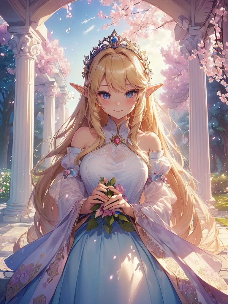highest quality、Highest image quality、masterpiece、beautiful face、、Titania、Super beautiful elf beauty((22 years old OL big bust、bust 90,beautiful long ironed hair、blonde、Height: 165cm。slender、sexy、Esbian、beautiful tiara、night、High quality、美しいart、Beautiful bed、canopy、Sky curtain、muste piece、ビジュアルart、Depth of the bounds written、、elf ears、、Lightのmagic、universe、A happy smile、穏やかなLight、Elven Forest、cherry blossoms、、elegant、ticker beautiful decorative、marble columns、fresco、Mosaic floor、mystical　rosa、Rose、flower瓶、magicのflower、flowerを作るmagic、Light、　the sky、beautiful dressy、beautiful dresyth、ART、Lord of the Ring、spectacular scenery、sexy、friendly smile、Fantastic、cherry blossoms、舞い散るflowerびら、cherry blossomsのflower、universeのmagic、magicのLight、fantasy、flower、super REALITYたくさんのRose、magic、Interior decoration、Many tapestries、Grow fantasy、、mysteryのLight、byzantine、renaissance、Art nouveau、alphonse　Mucha、、art、art,mystery,UHD,magicalgentle light,sexy、